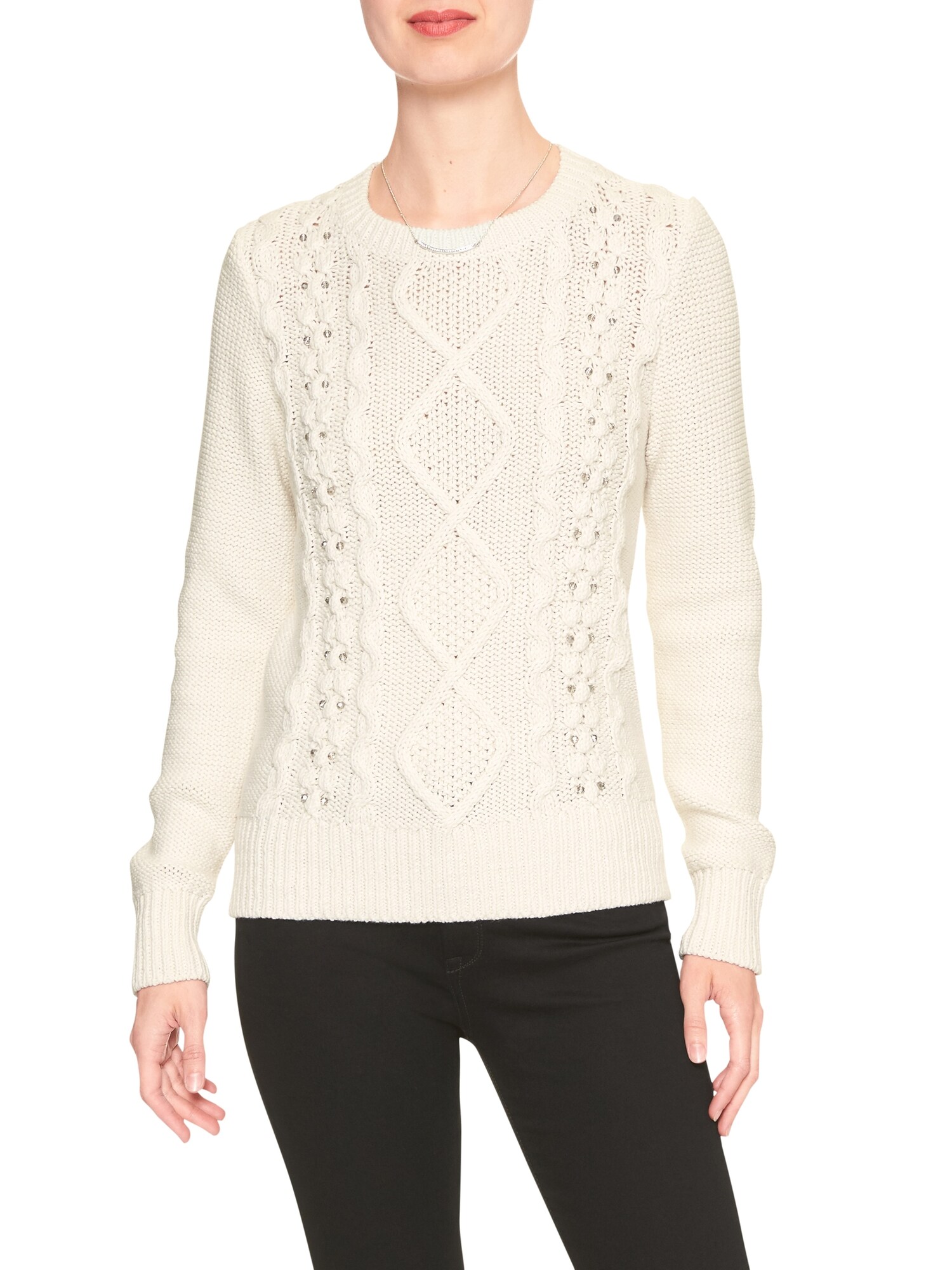 Embellished Cotton Cable Crew Sweater