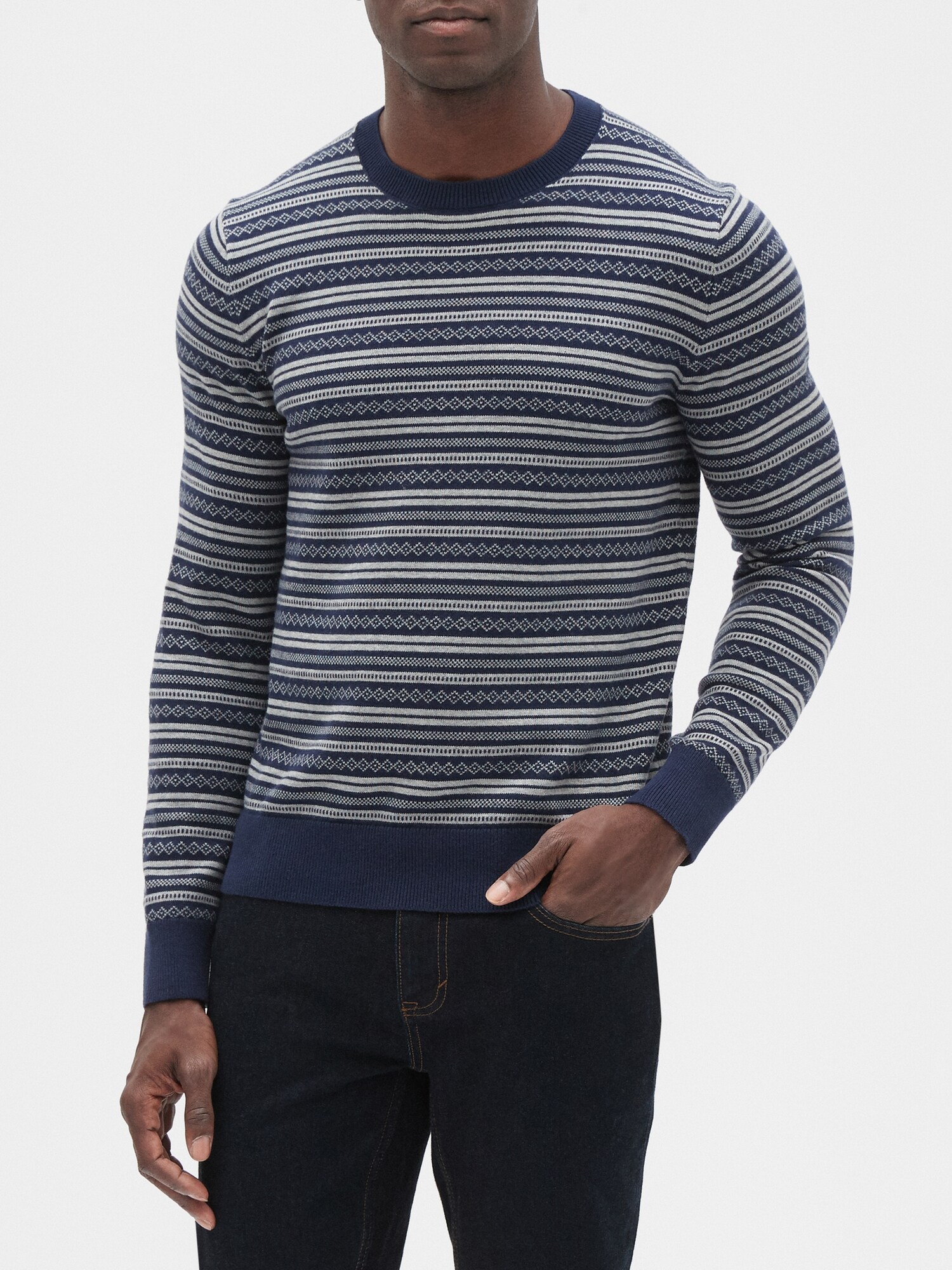 Stripe Fair Isle Crew Neck Pullover Sweater