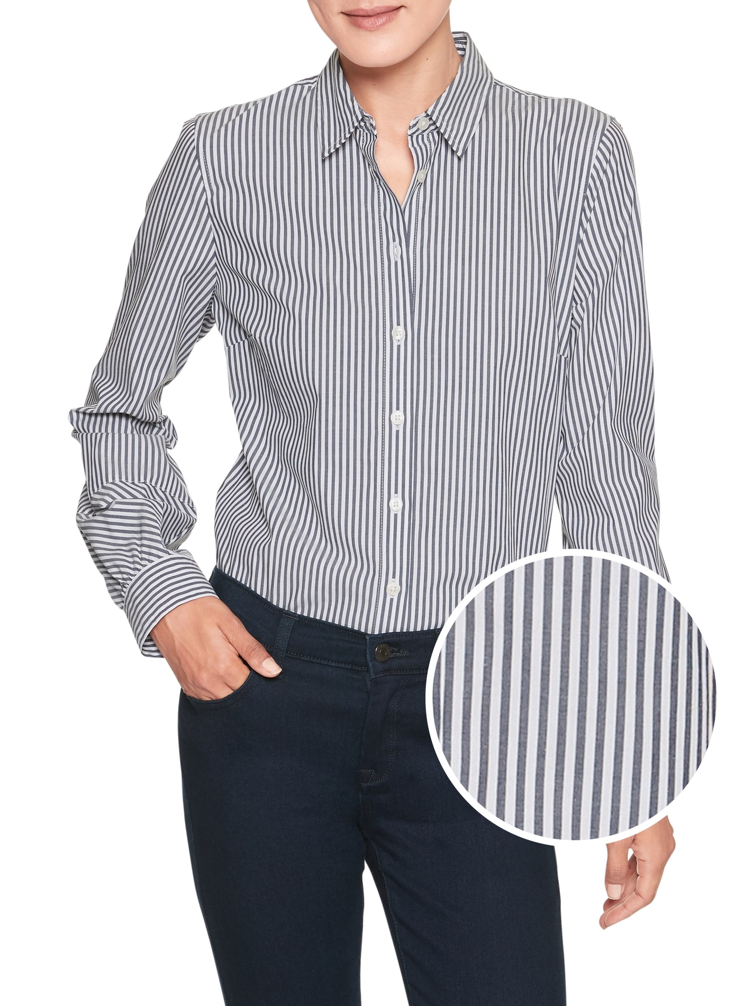 Striped Balloon-Sleeve Tailored Shirt