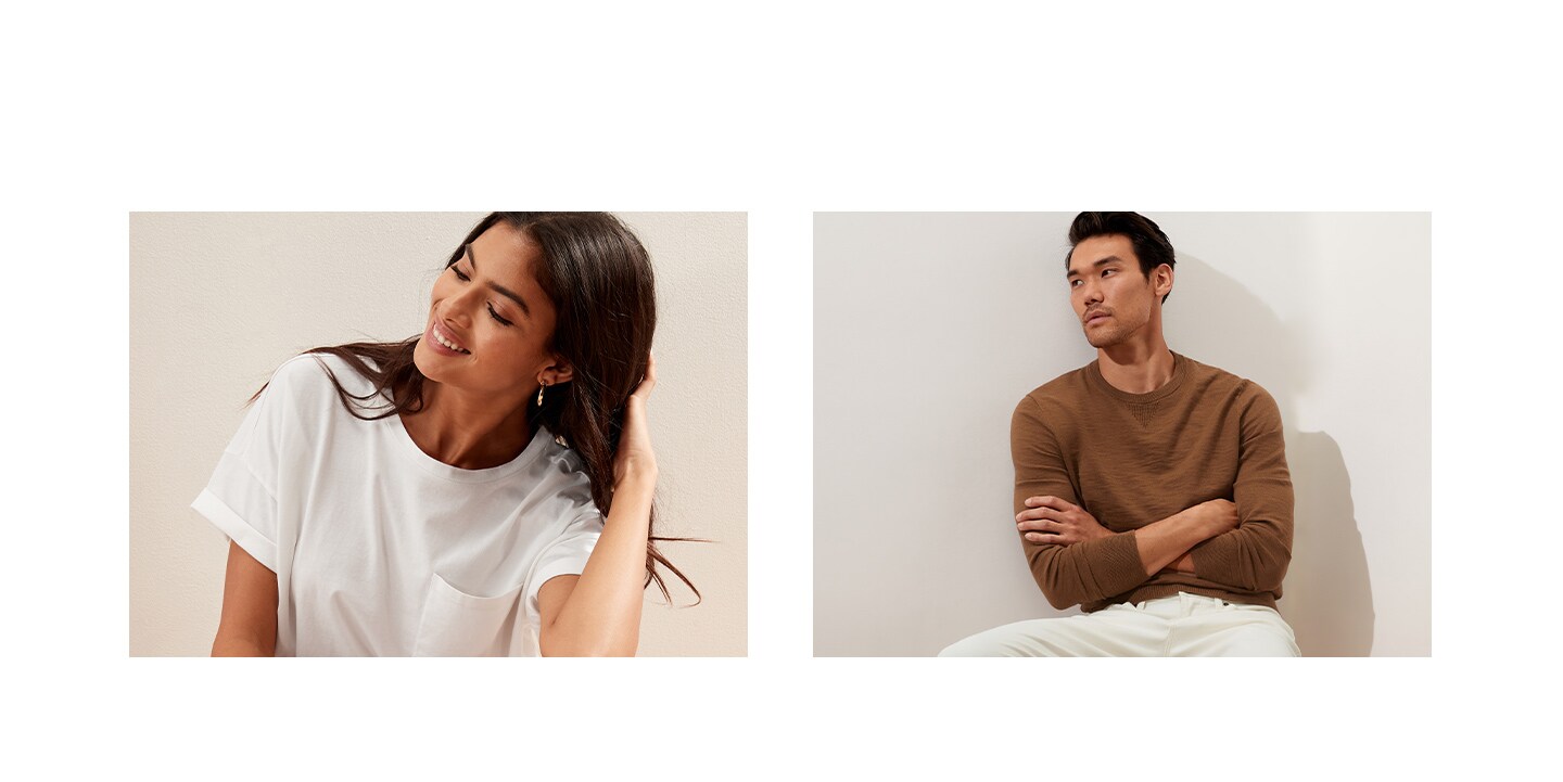 Sustainability shop. Background Image of woman in white cotton pocket tee and man in brown crew neck sweater.