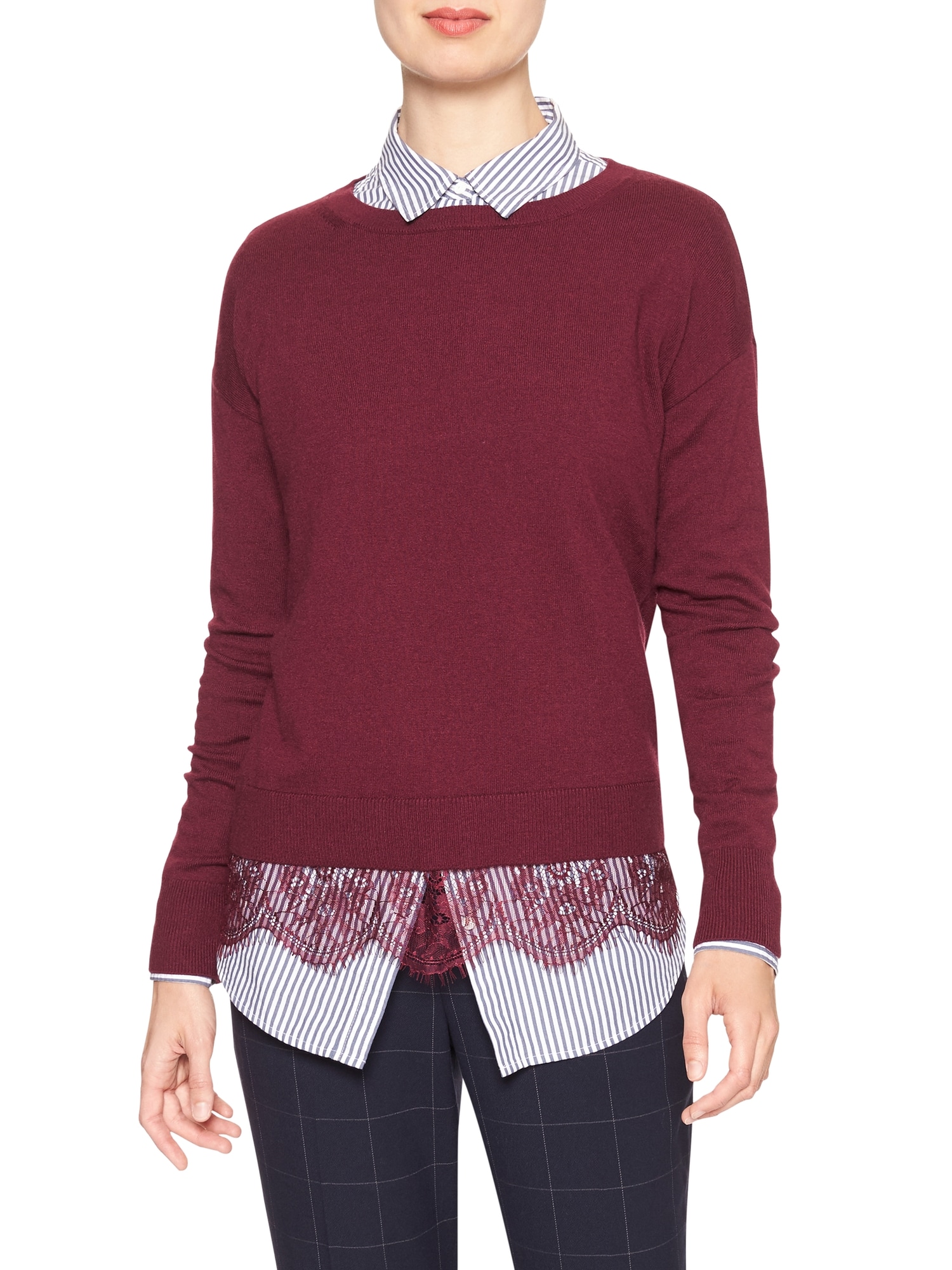 Scallop Lace Trim Crew-Neck Sweater