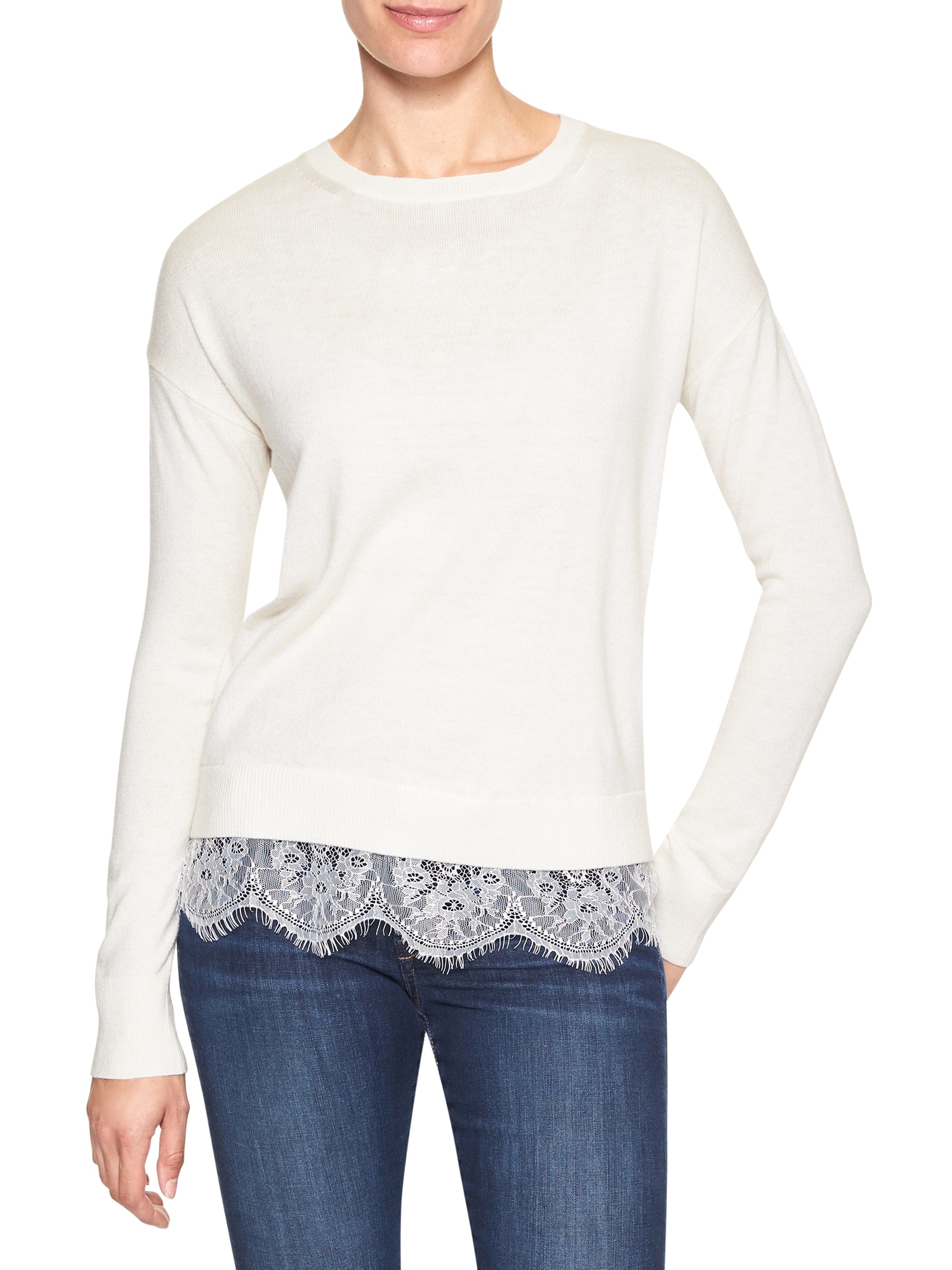 Scallop Lace Trim Crew-Neck Sweater | Banana Republic Factory