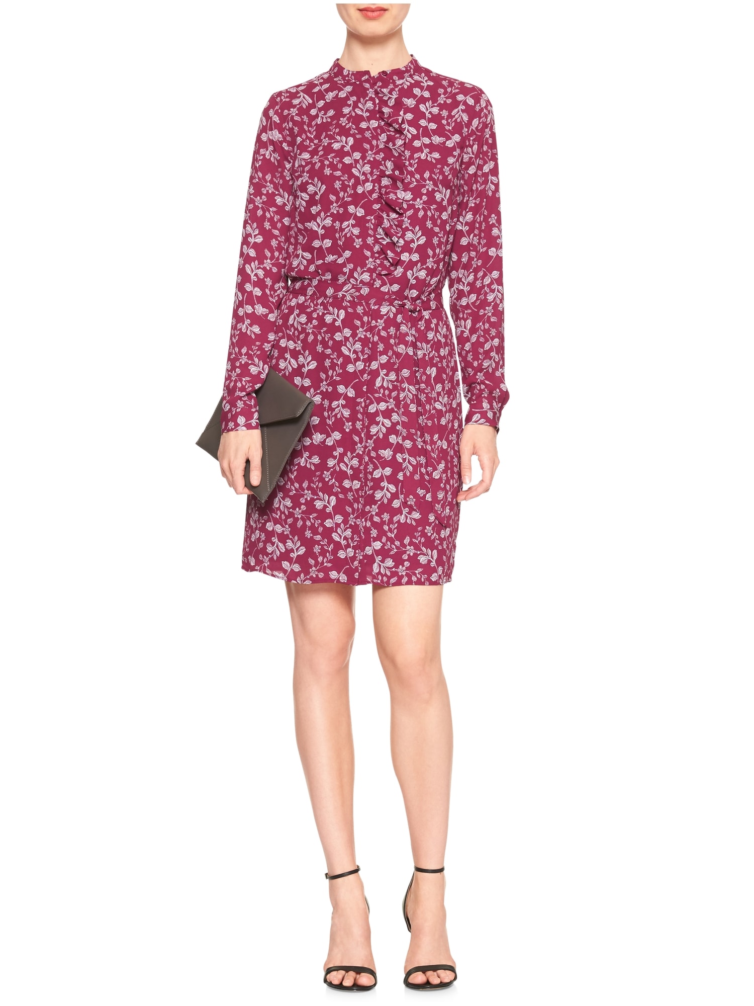 Red Floral Ruffle Tie-Waist Shirtdress | Banana Republic Factory