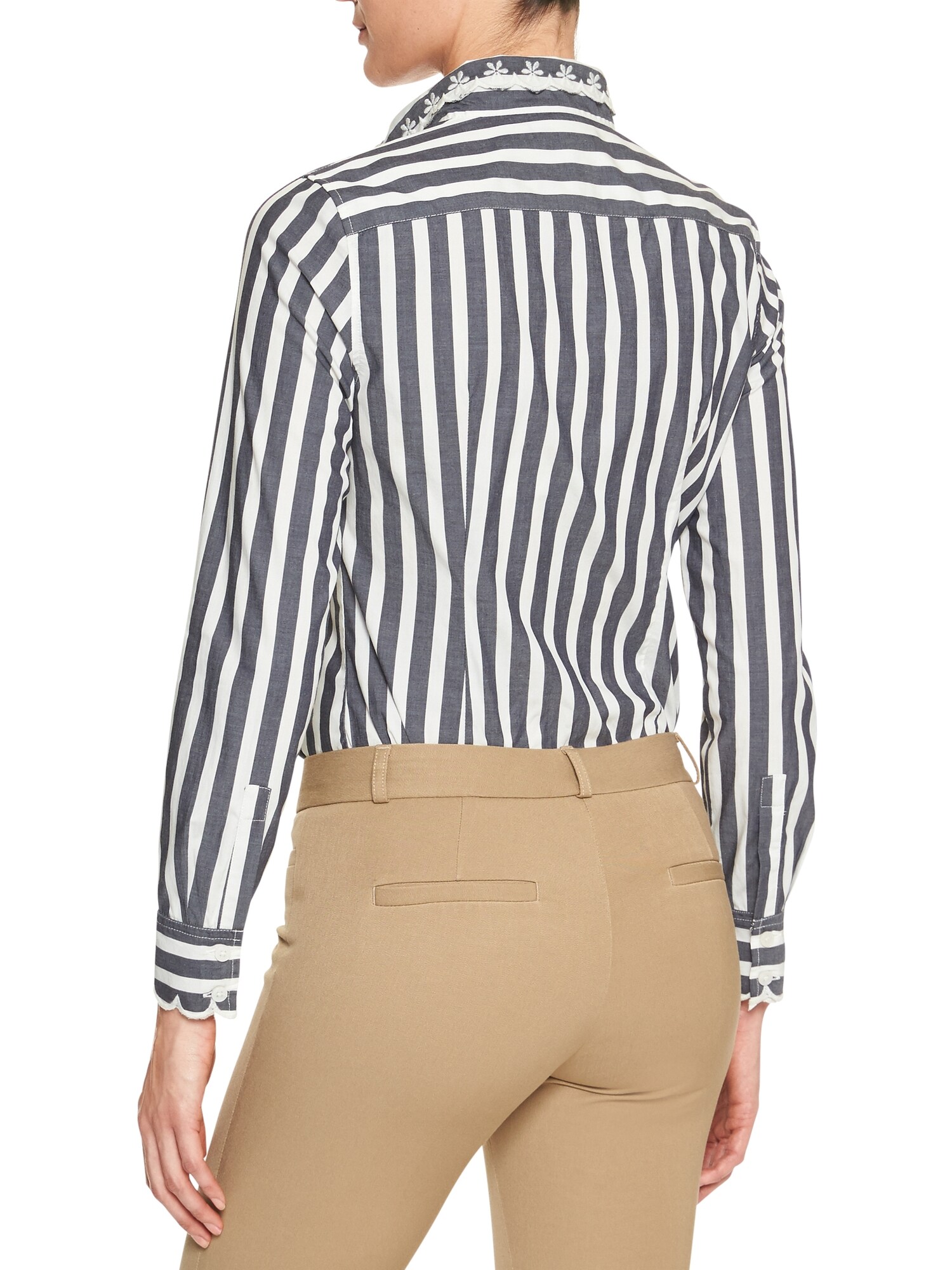 Stripe Tailored Long Sleeve Embroidered-Neck Shirt