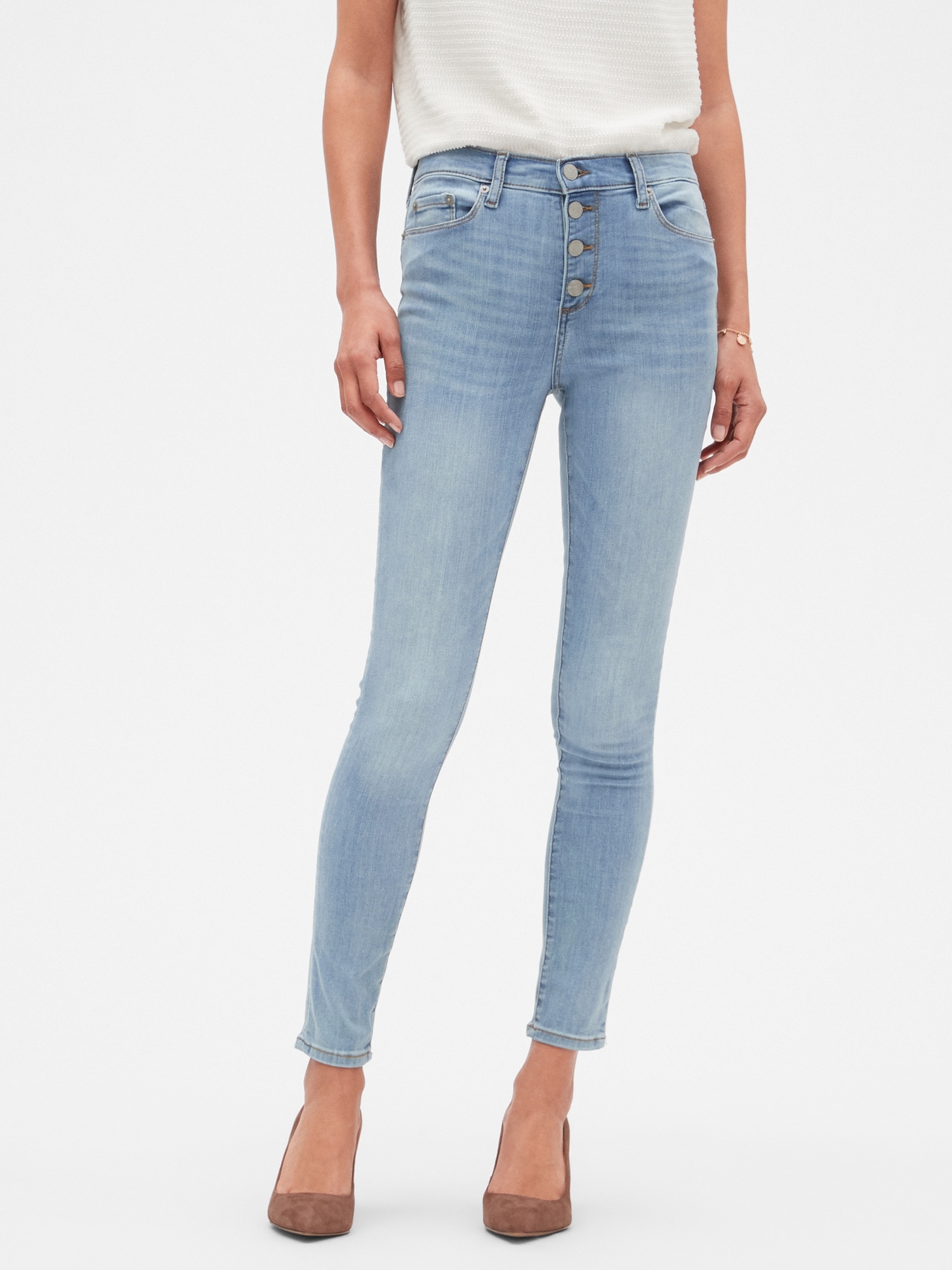 Sculpt High-Rise Button Front Light Wash Skinny Jean