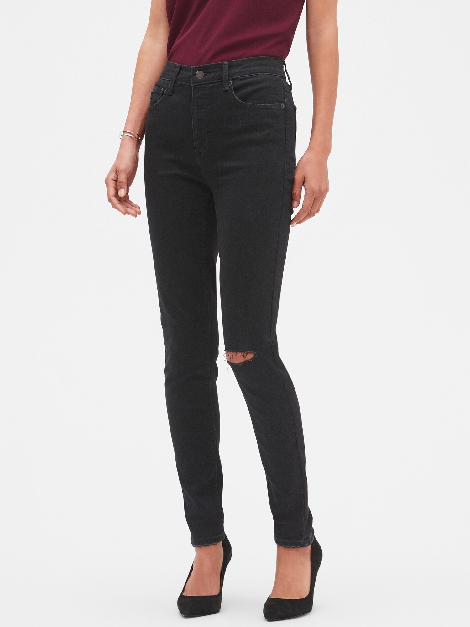 Petite High Rise Destructed Black Denim Skinny Jean