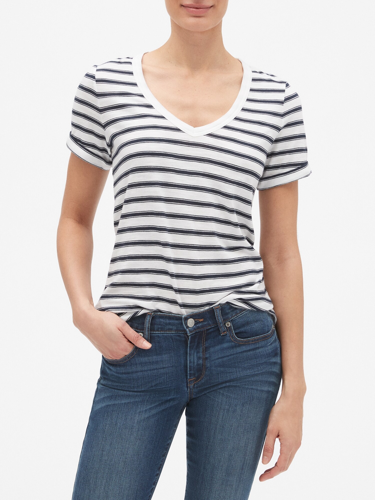 Stripe Malibu Roll Sleeve V-Neck T Shirt