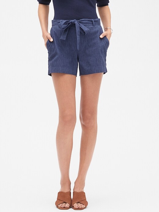 Tie Waist Chambray Linen Blend Stripe Shorts 4 inch inseam Banana