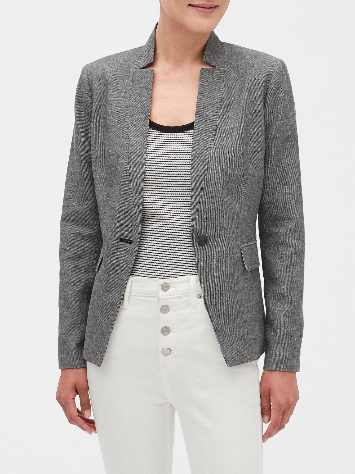 Inverted Collar Linen Blend Blazer 