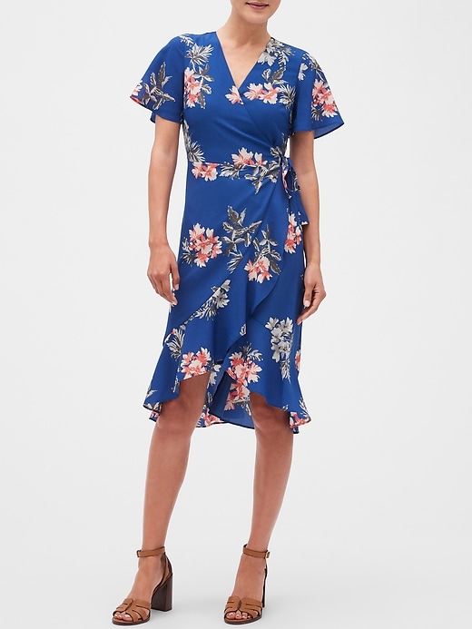 Petite Floral Print Flirty Wrap Midi Dress | Banana Republic Factory