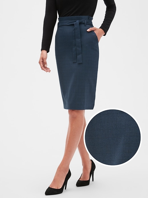 Petite Washable Blue Plaid Tie Waist Pencil Skirt