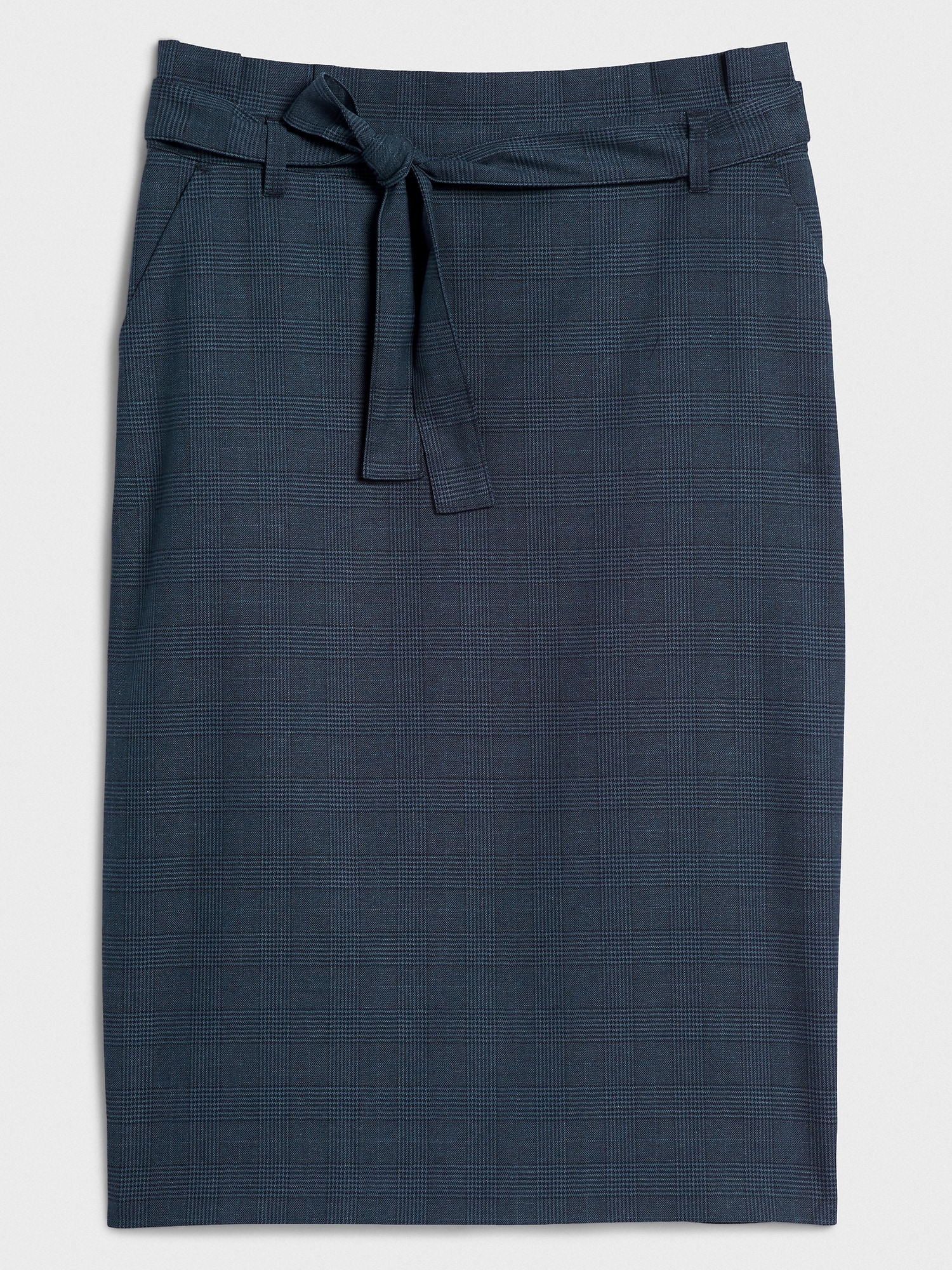 Washable Blue Plaid Tie-Waist Pencil Skirt
