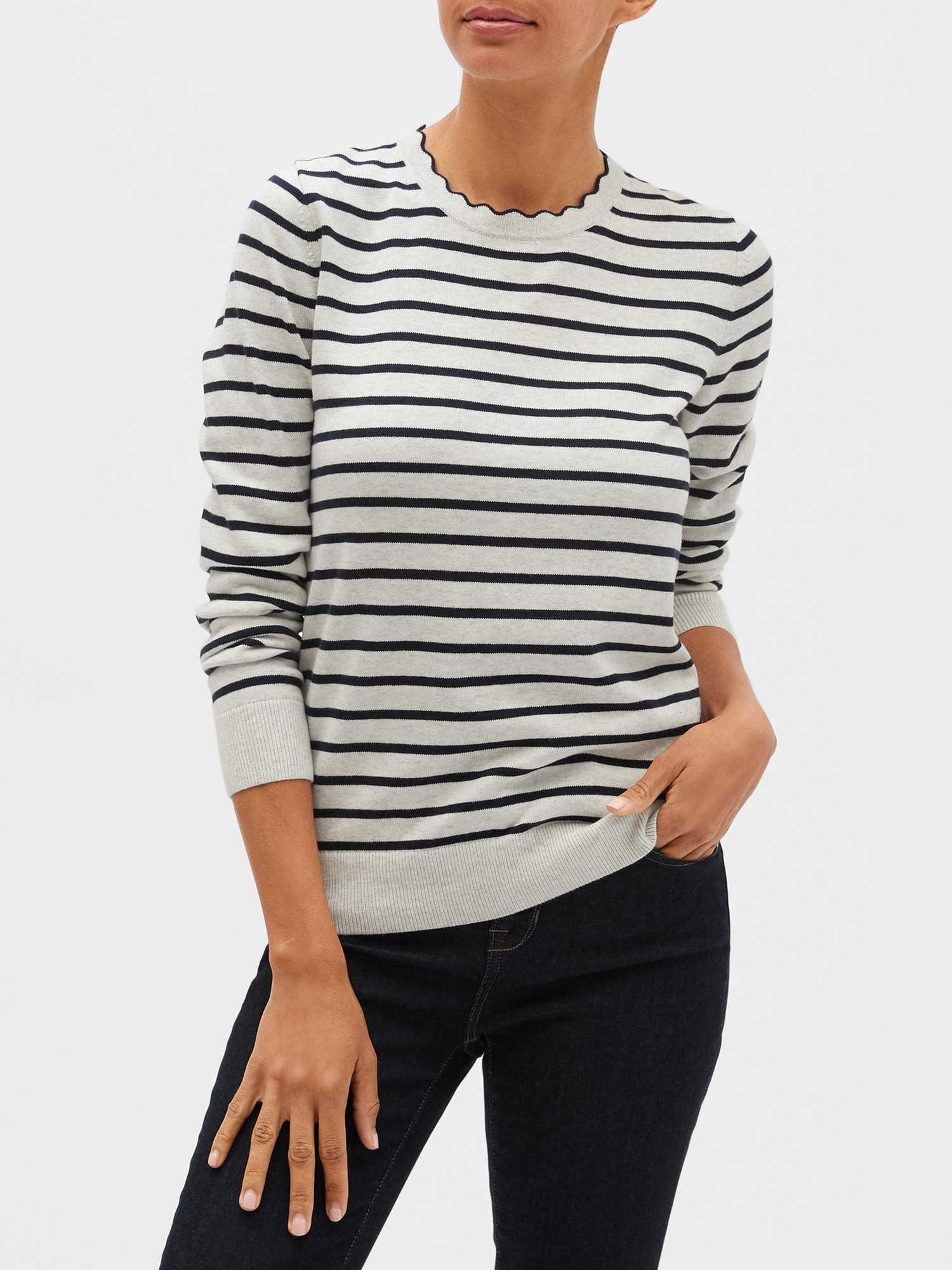 Washable Forever Stripe Scallop Crew-Neck Sweater | Banana