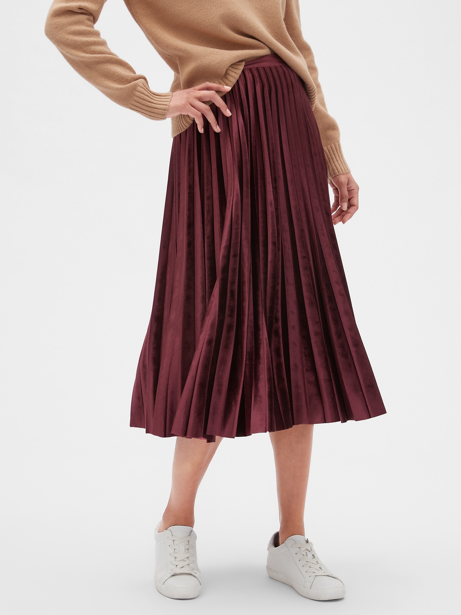 Petite Velvet Pleated Midi Skirt