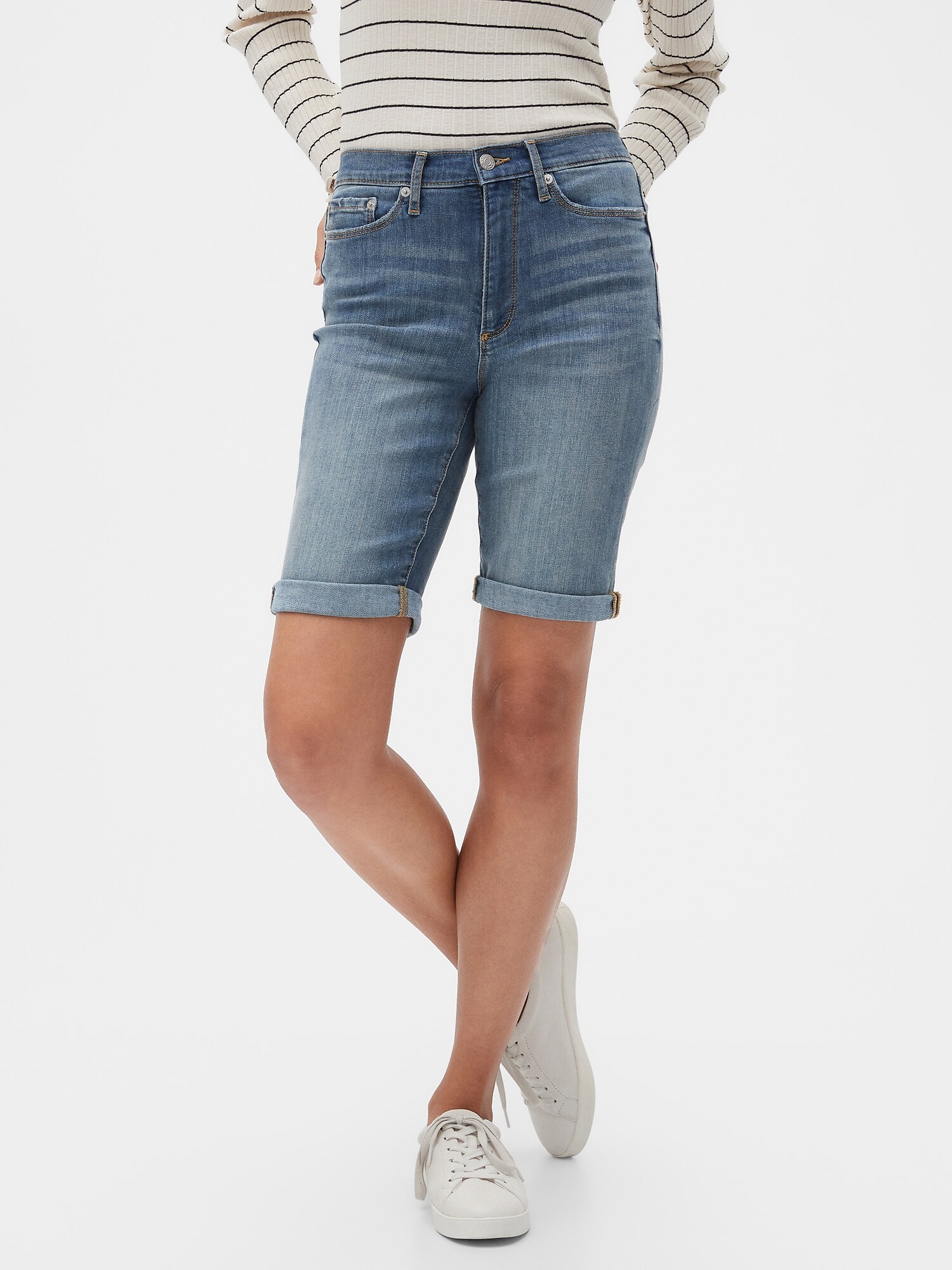 Petite High-Rise Medium Wash Bermuda Shorts - 10 inch inseam