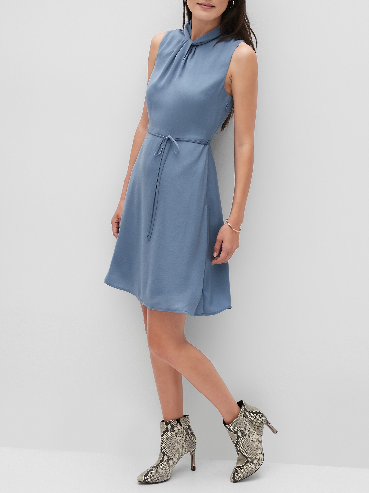 Twist-Neck Fit-and-Flare Dress
