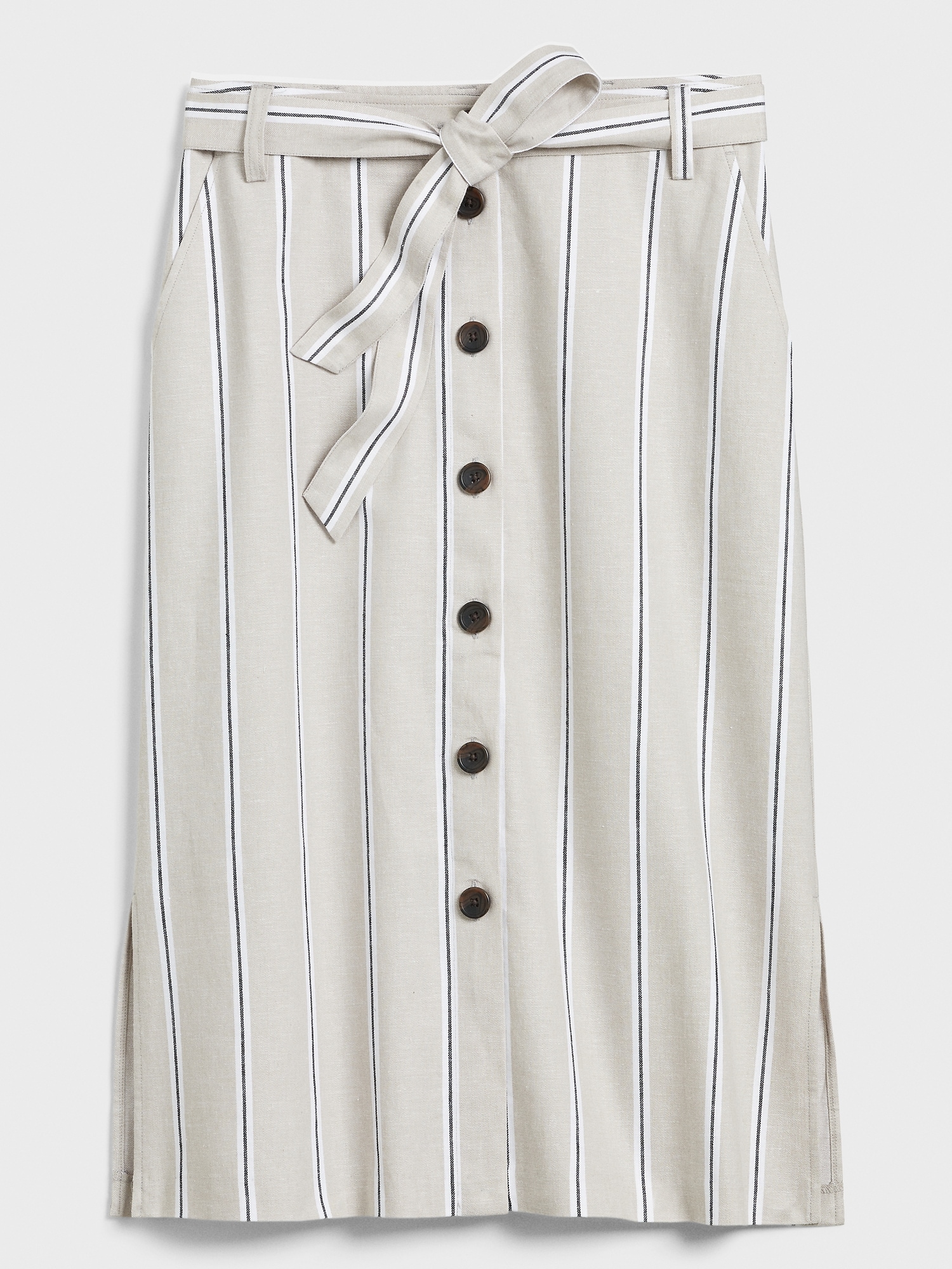 Striped Linen Blend Button Down Midi Skirt