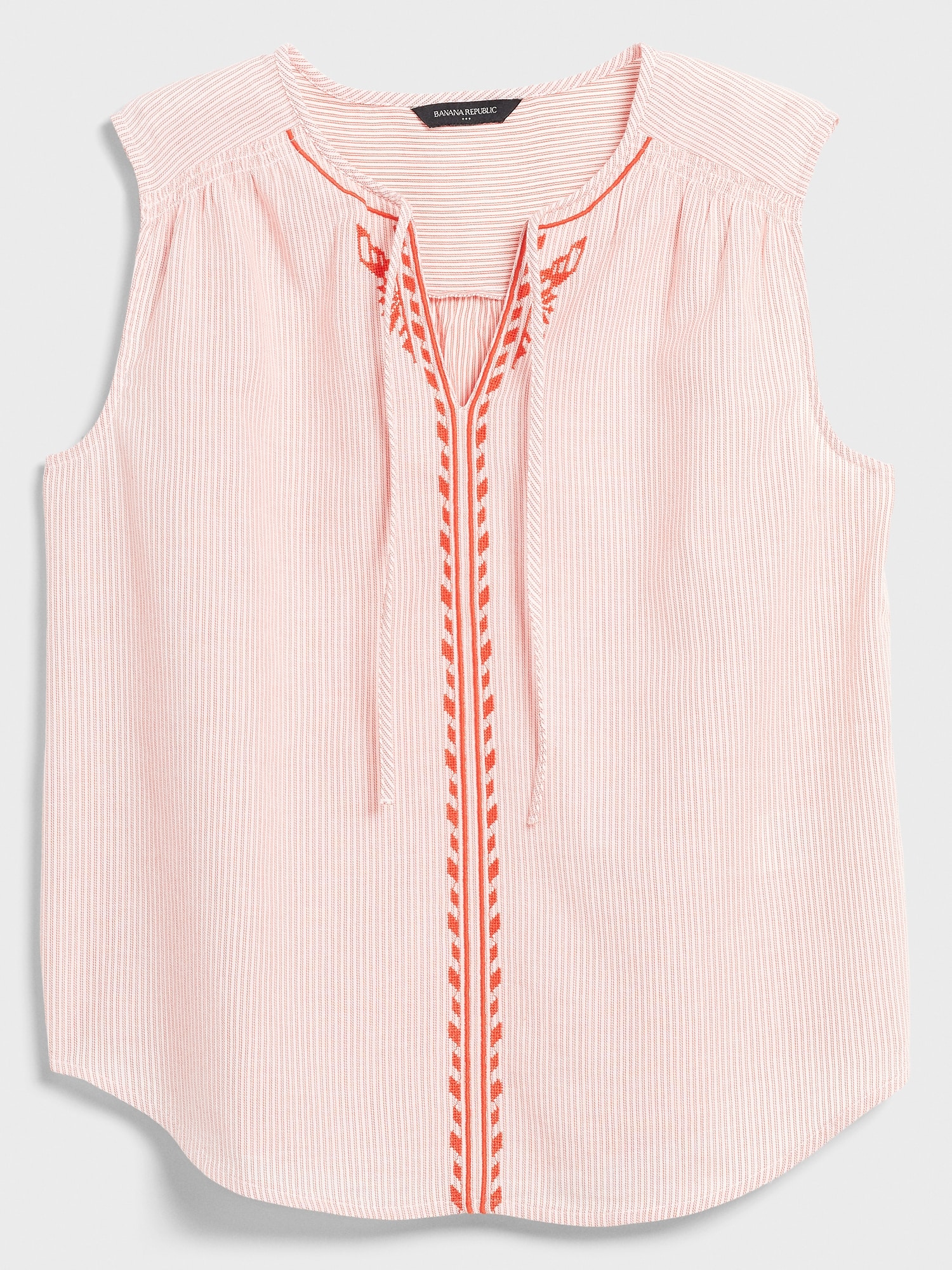 Striped Tie-Neck Embroidered Top