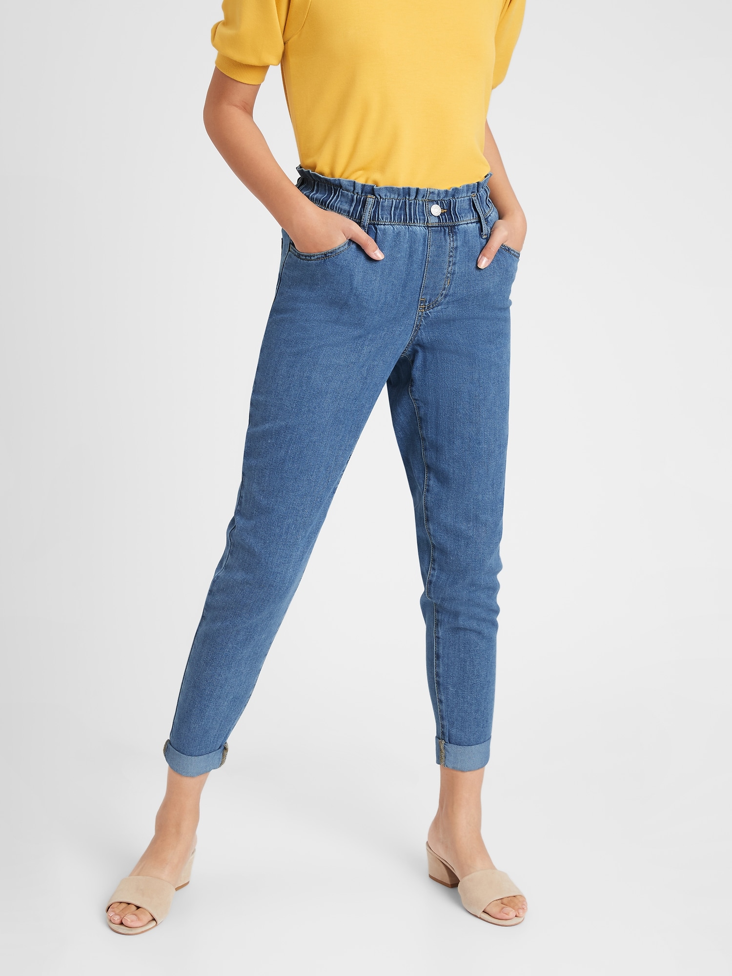 high rise paperbag jeans