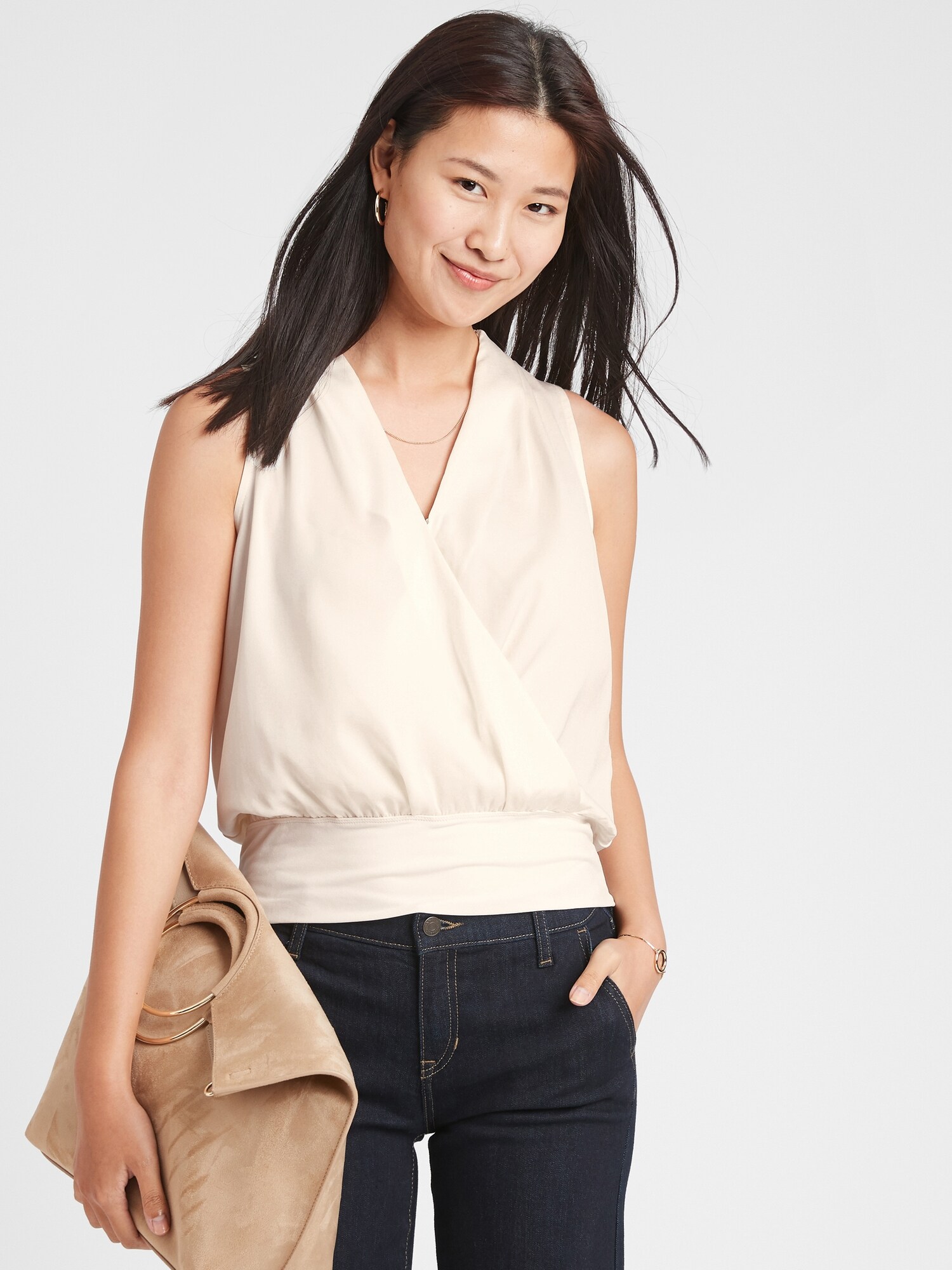 Matte Jersey Mixed Media Wrap Top Banana Republic Factory