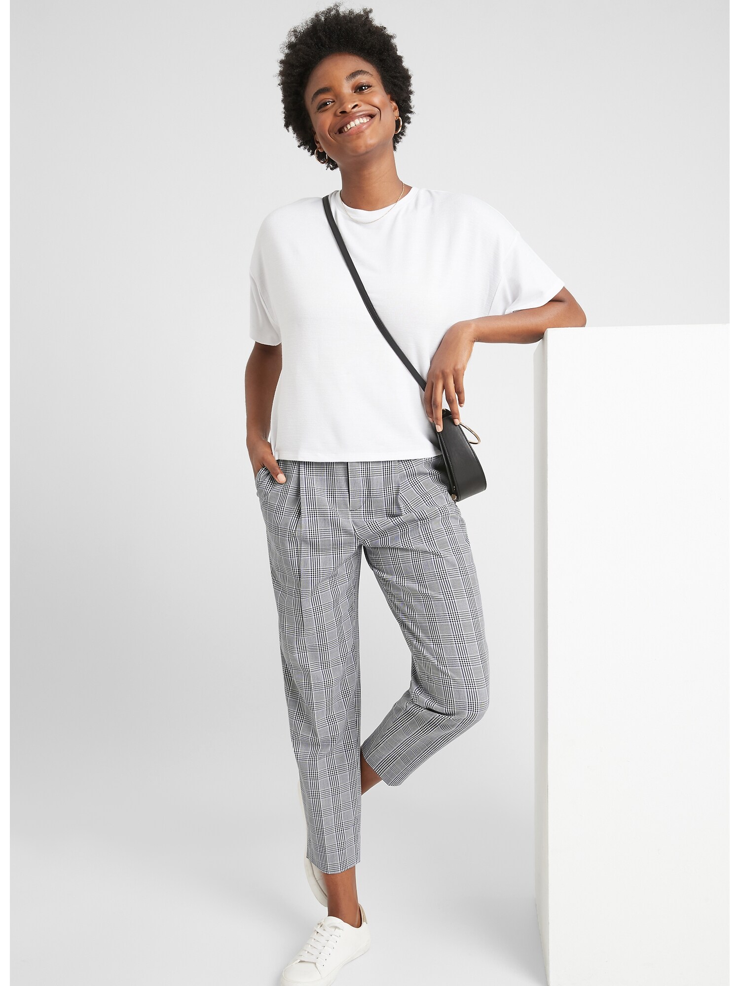Pleated-Front Plaid Tapered Pant