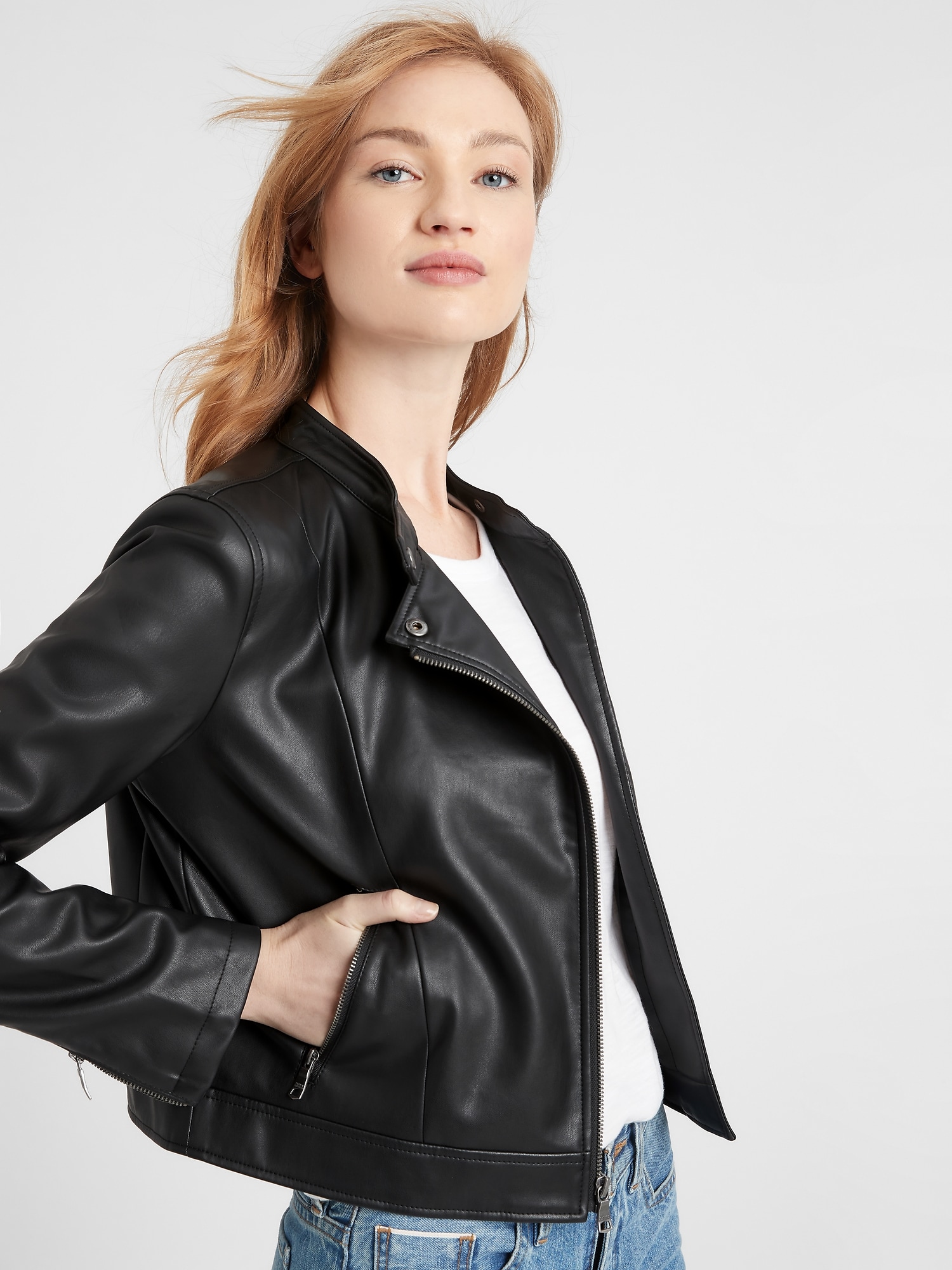 Banded-Collar Vegan Leather Moto Jacket | Banana Republic