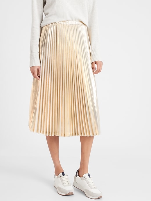 Petite Foil Pleated Midi Skirt