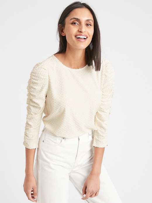 Textured Dot Shirred-Sleeve Top