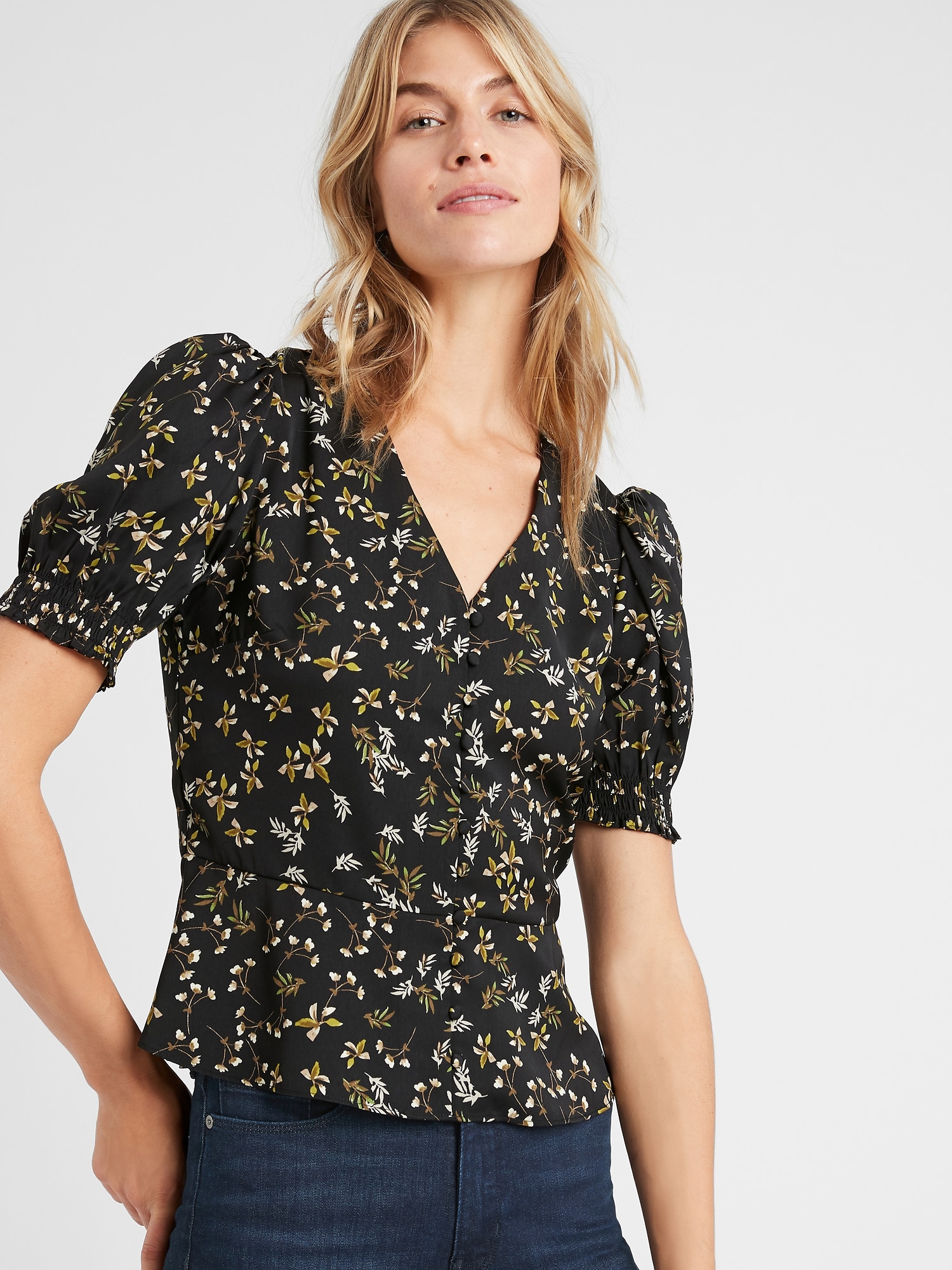 all over figure print button front blouse