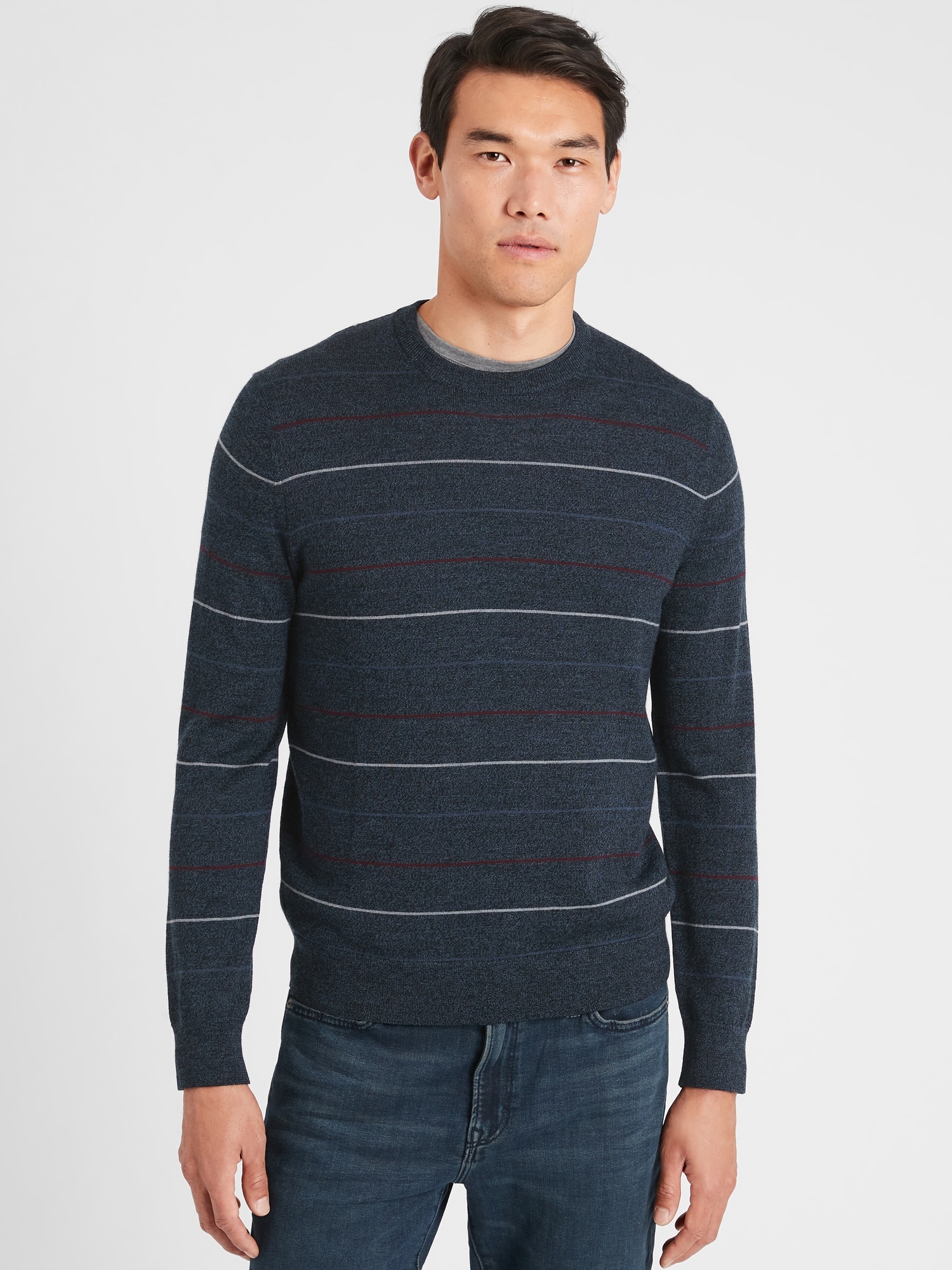 Washable Merino Wool Striped Crew-Neck Sweater
