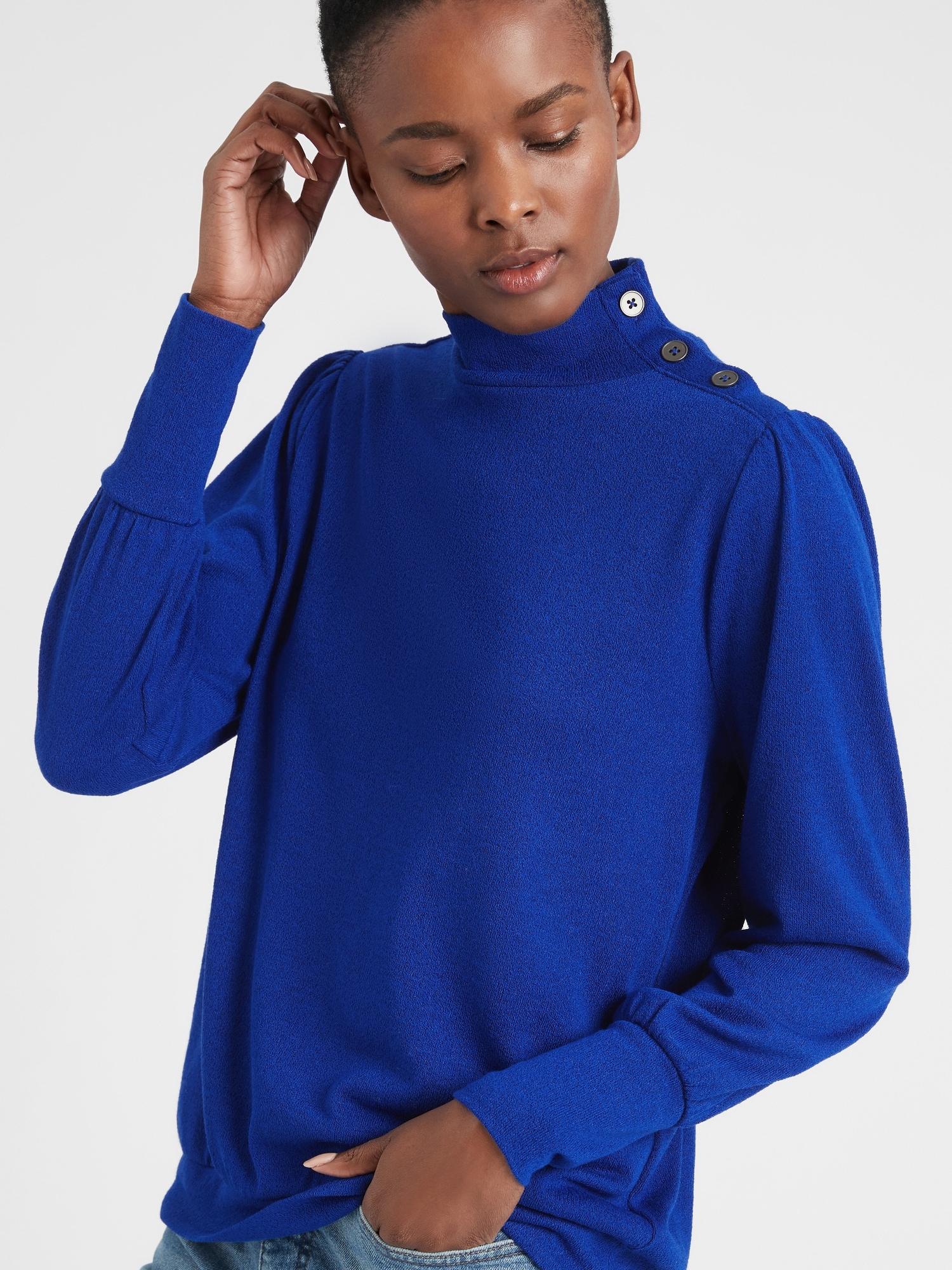 Petite Button Accent Mock-Neck Top