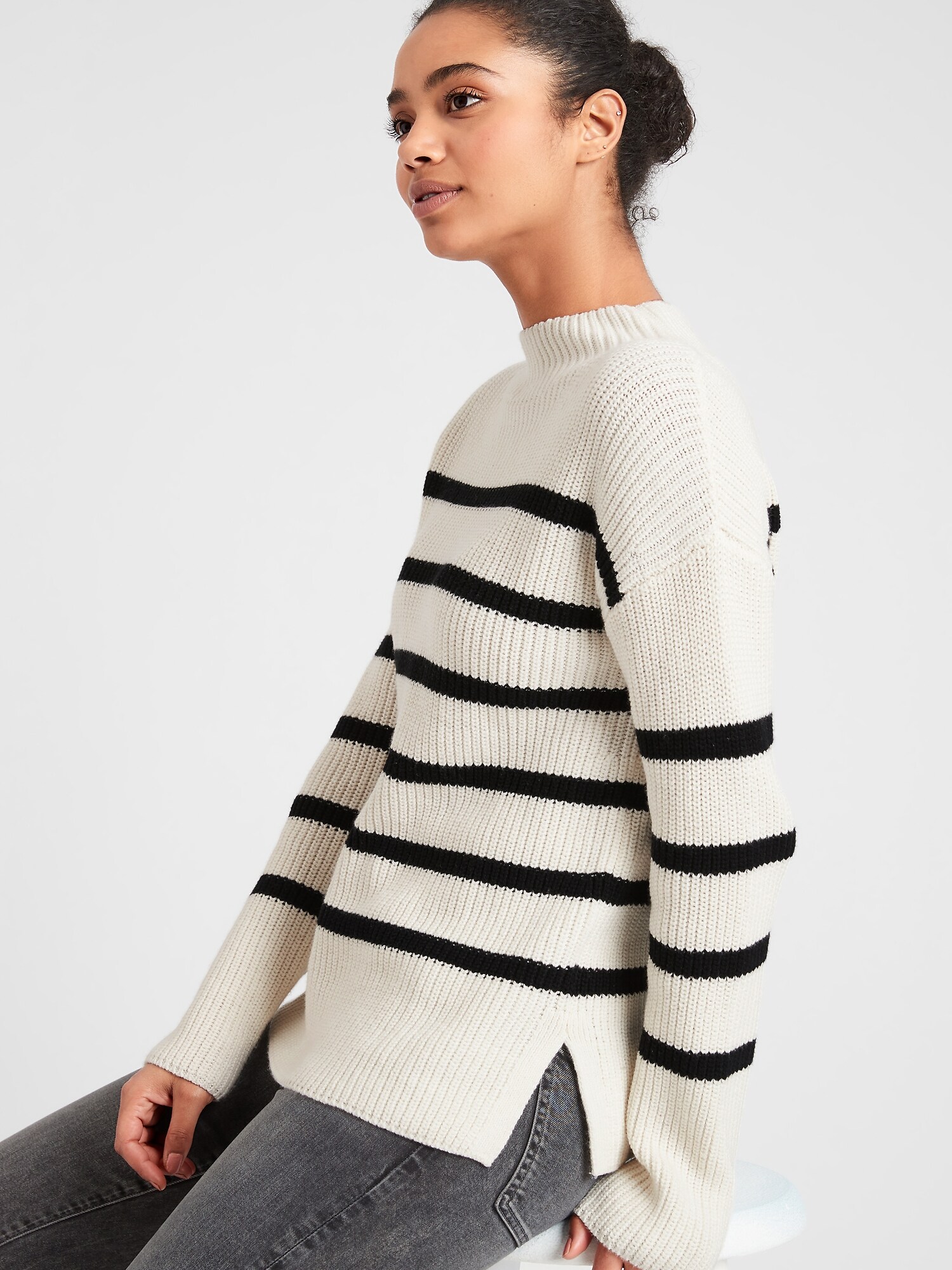 Textured Striped Mock-Neck Sweater