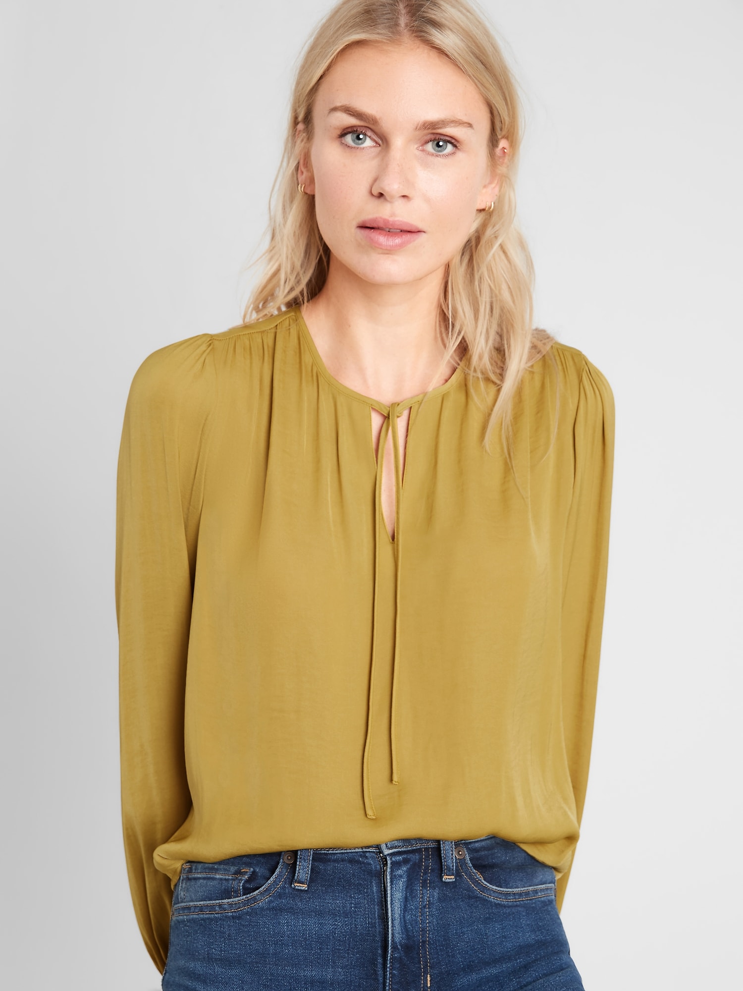 Petite Shirred Tie-Front Blouse