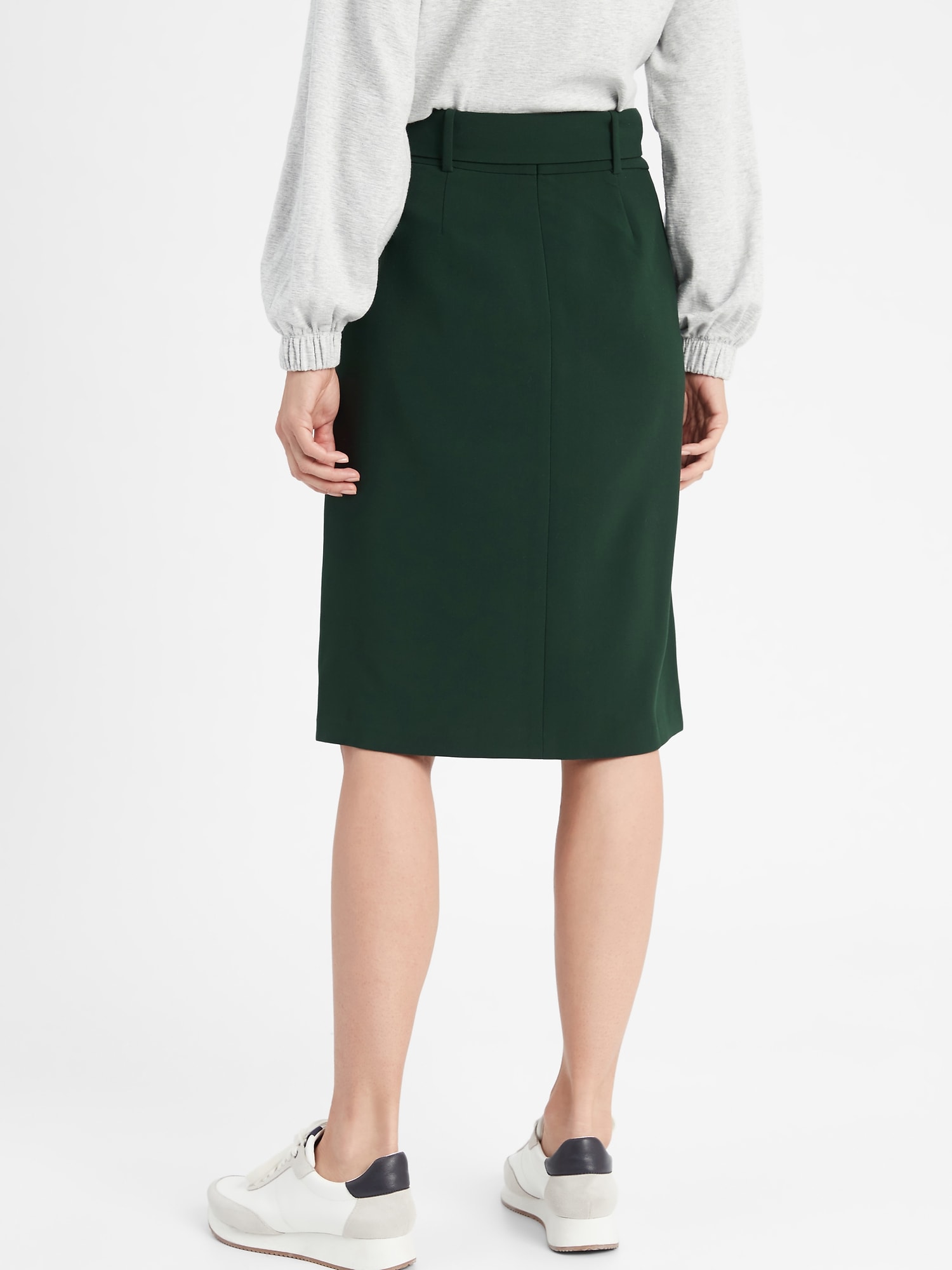 Belted Front-Slit Pencil Skirt