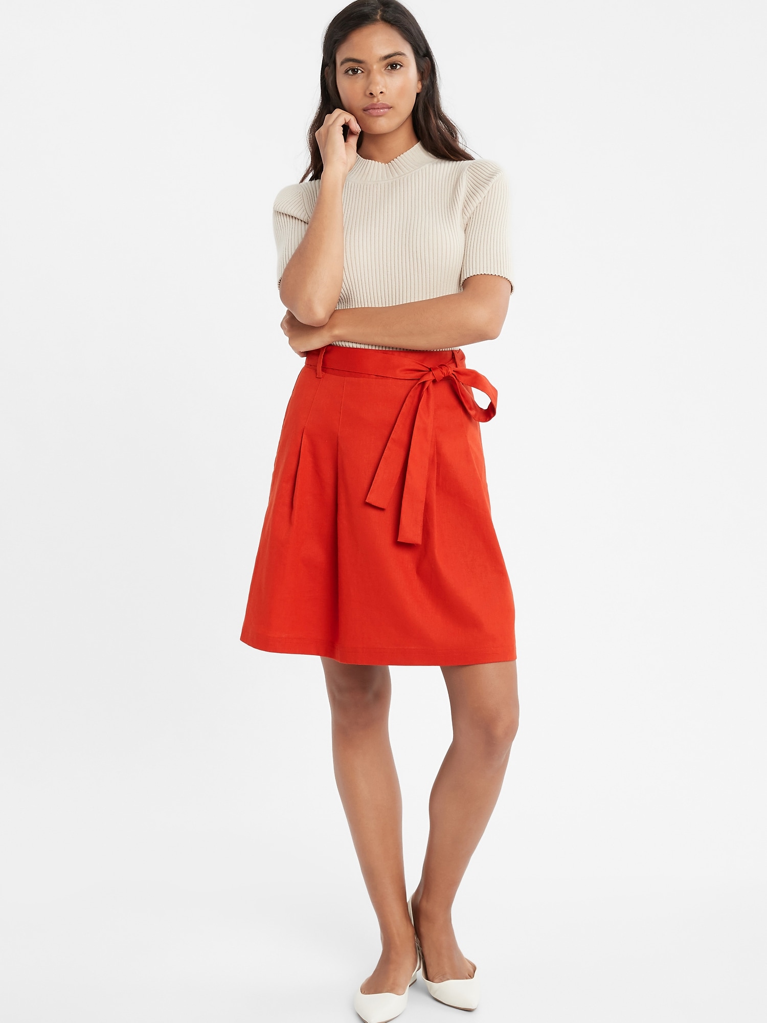 Tie-Waist Linen Blend A-Line Skirt