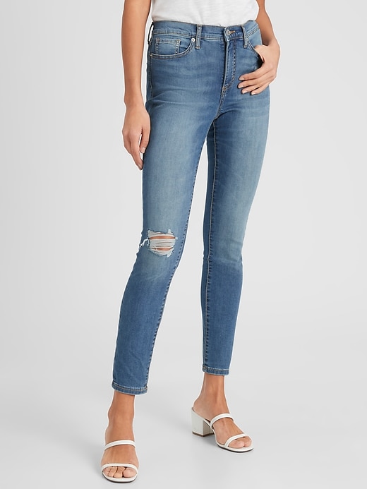 Petite High-Rise Medium Wash Destruct Skinny Jean Banana