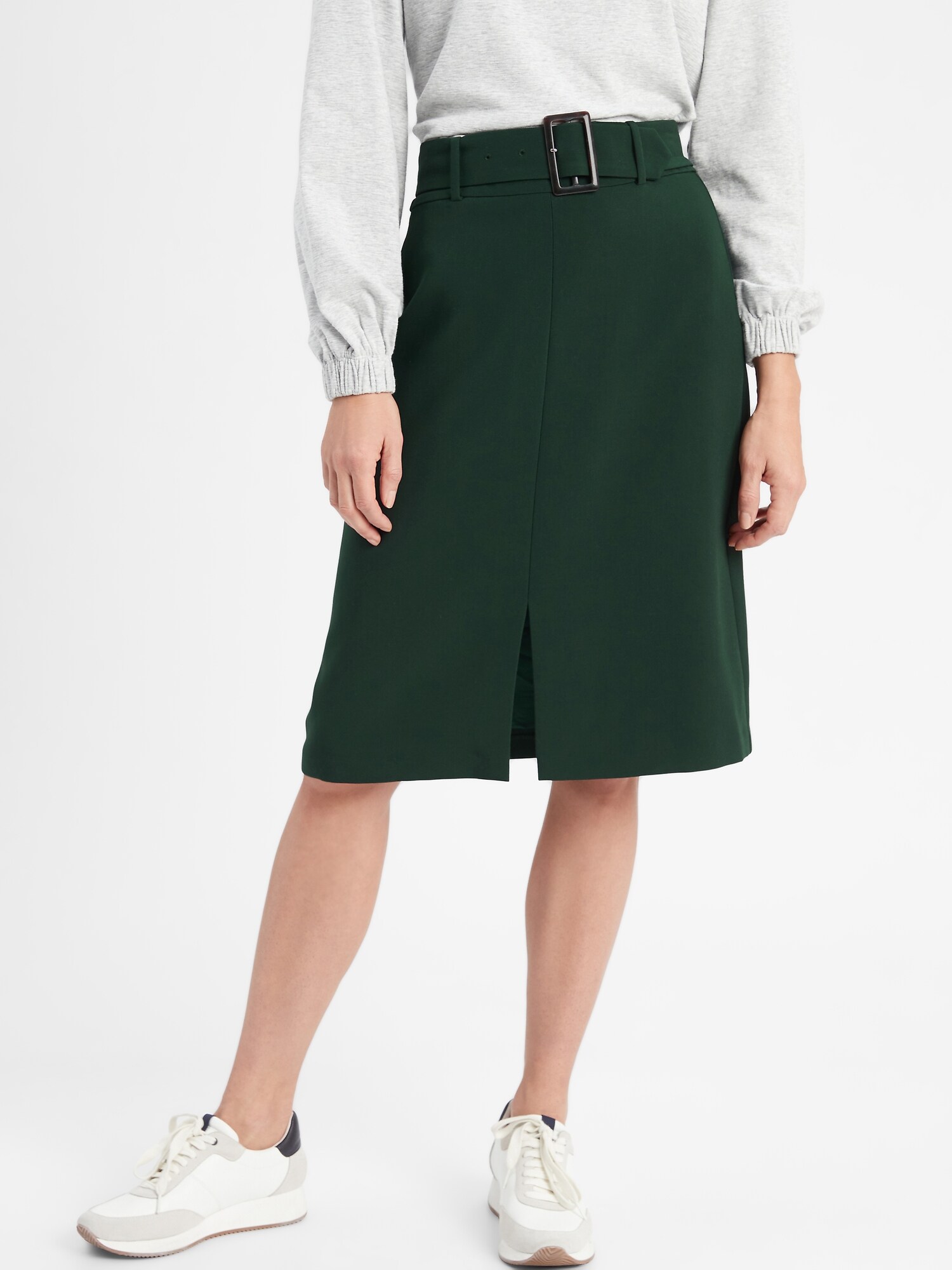 Belted Front-Slit Pencil Skirt