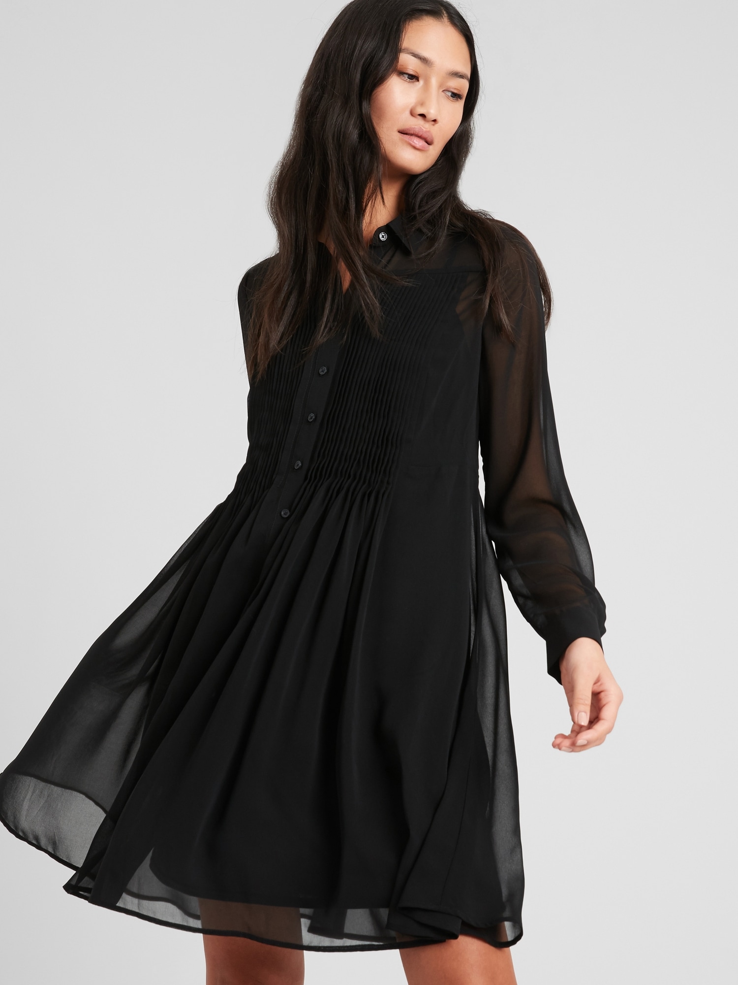 black pleated shirt dress