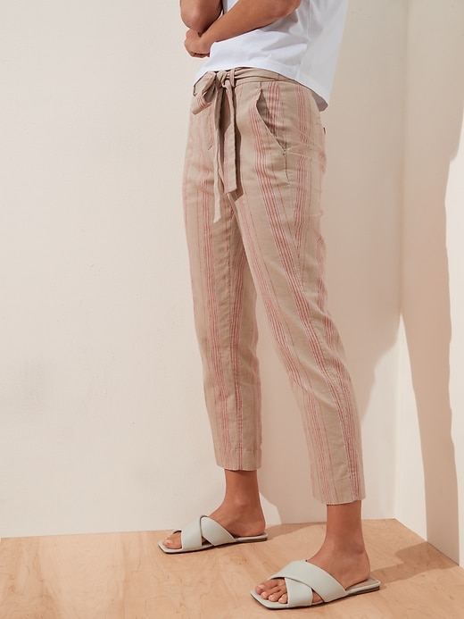 Avery Tie-Waist Stripe Linen Blend Tailored Ankle Pant