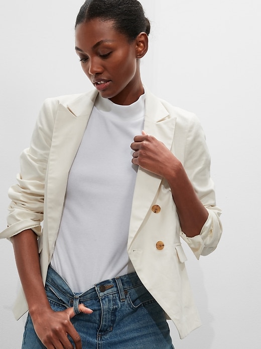 Petite Double-Breasted Linen Blend Fashion Blazer Banana