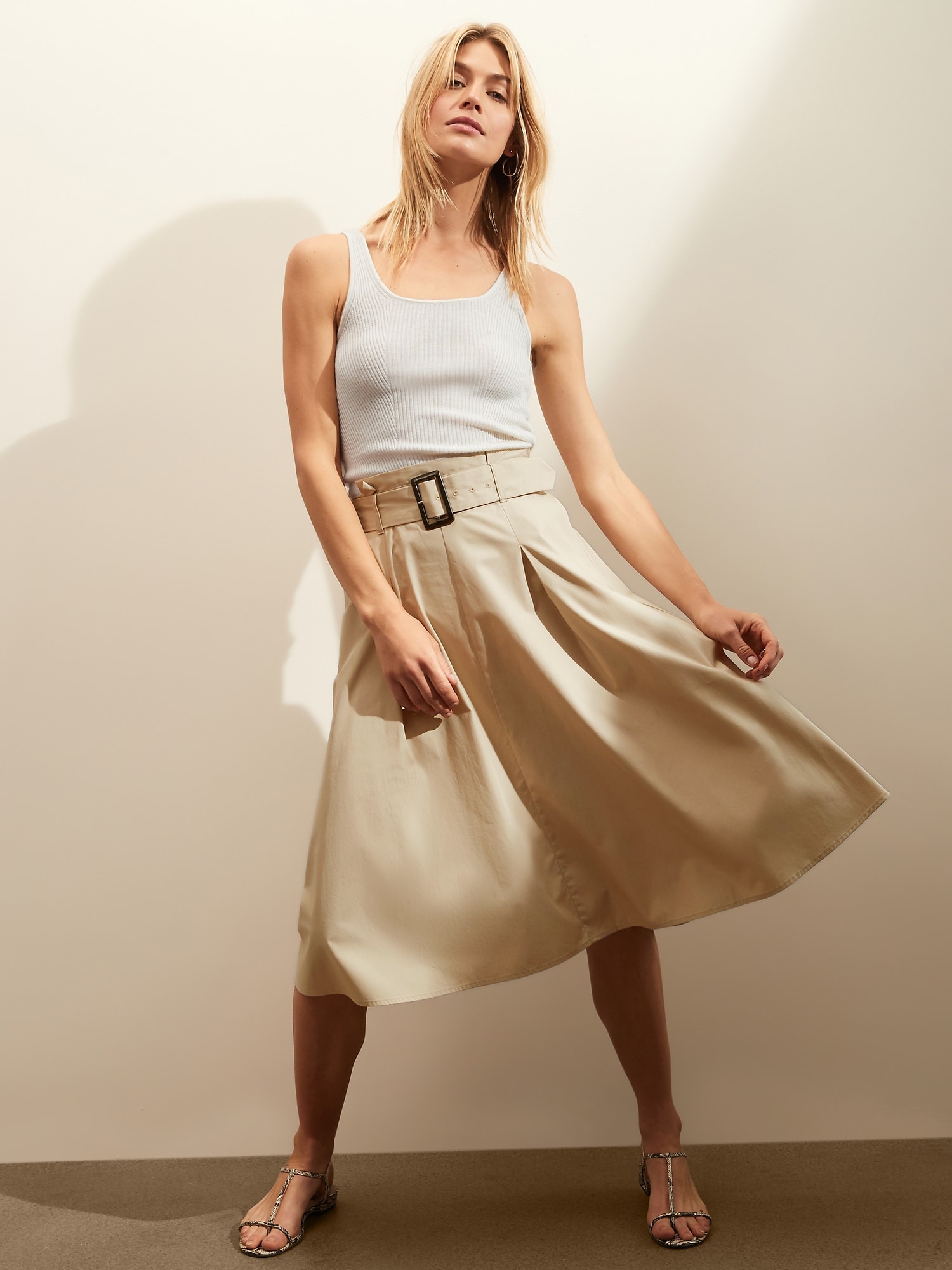 Petite Organic Belted Midi Skirt
