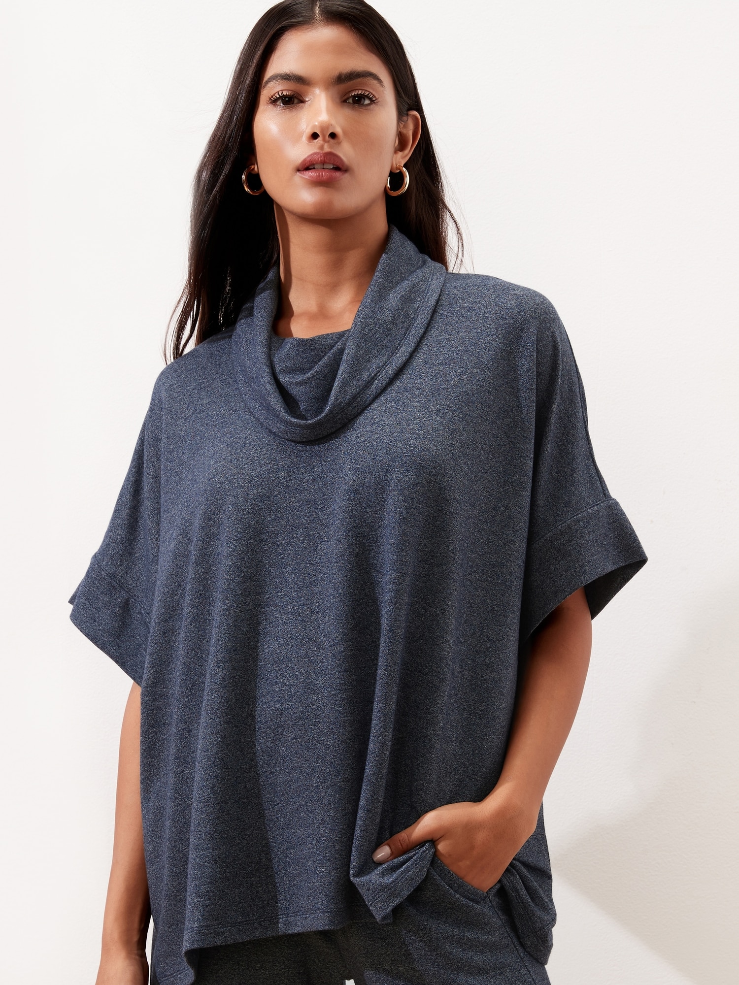 Knit Terry Short Sleeve Cowl-Neck Poncho