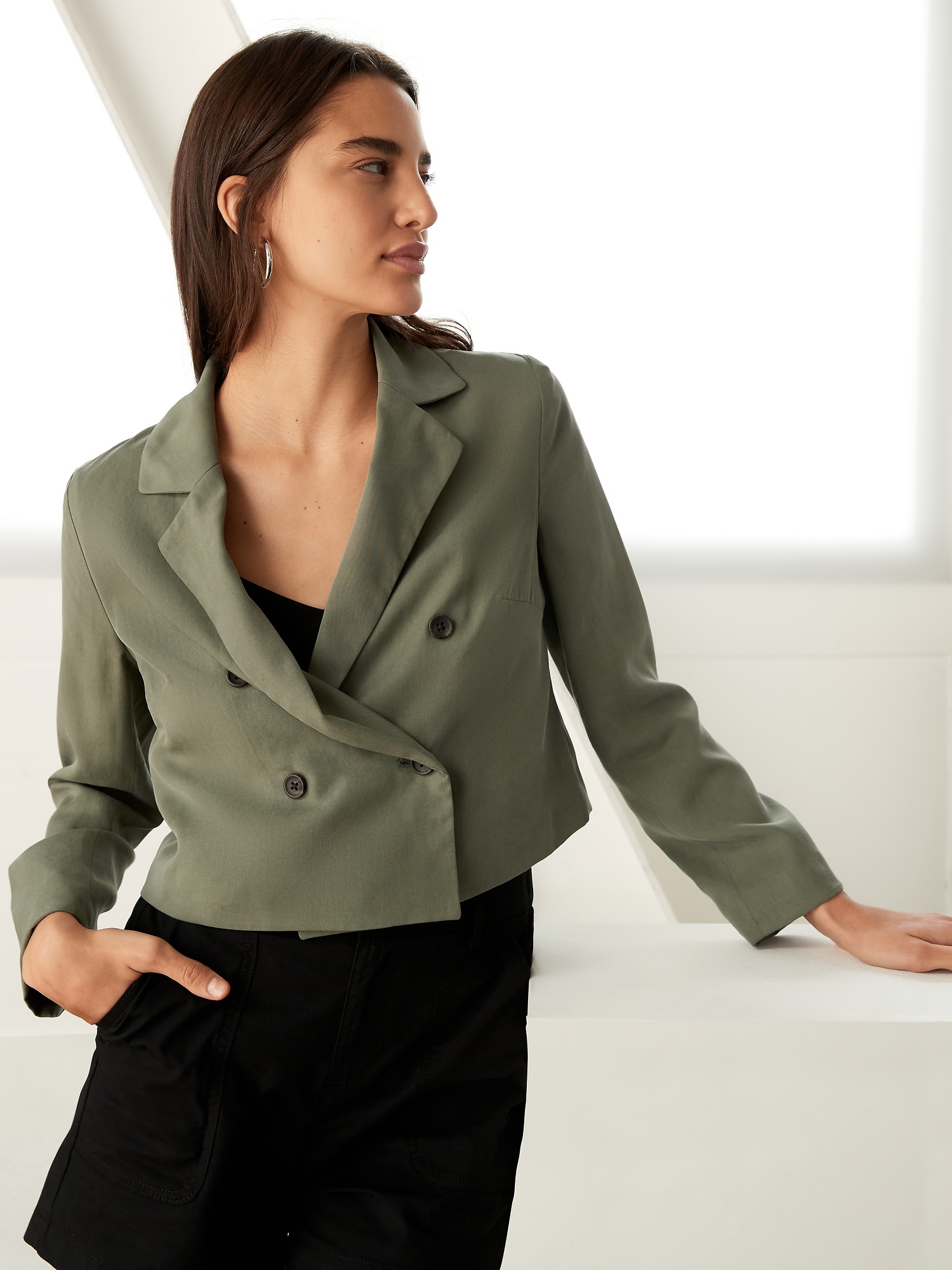 Petite Double Breasted Cropped Tencel Blazer Banana Republic Factory