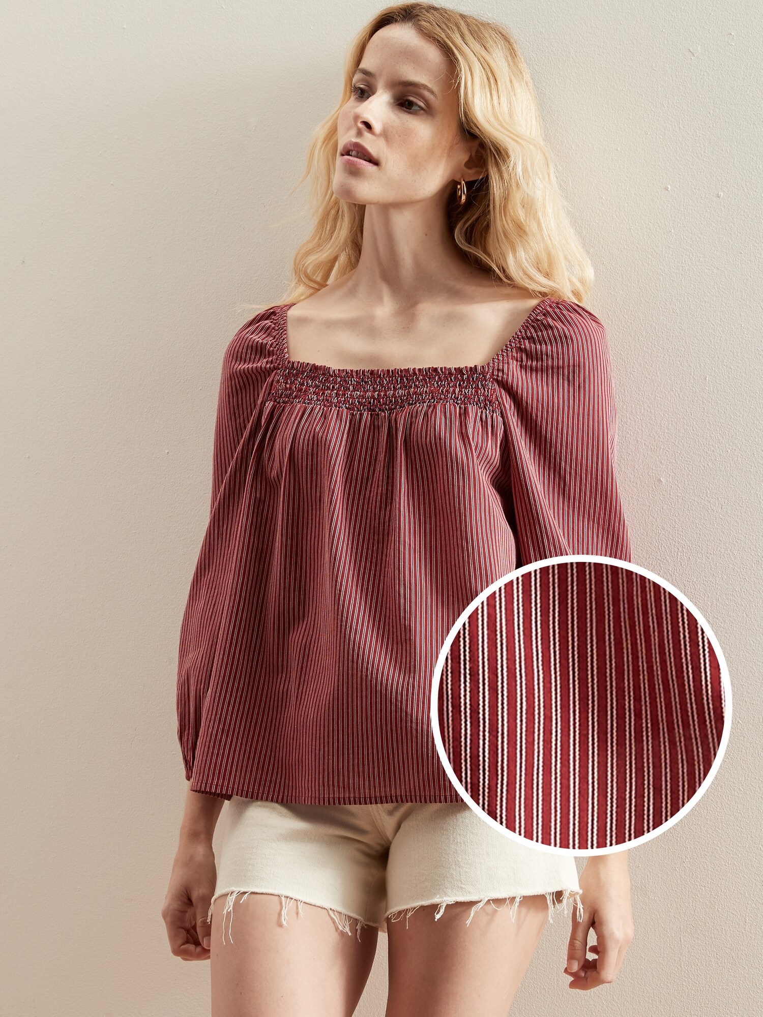 Striped Embroidered Smocked-Neck Blouse