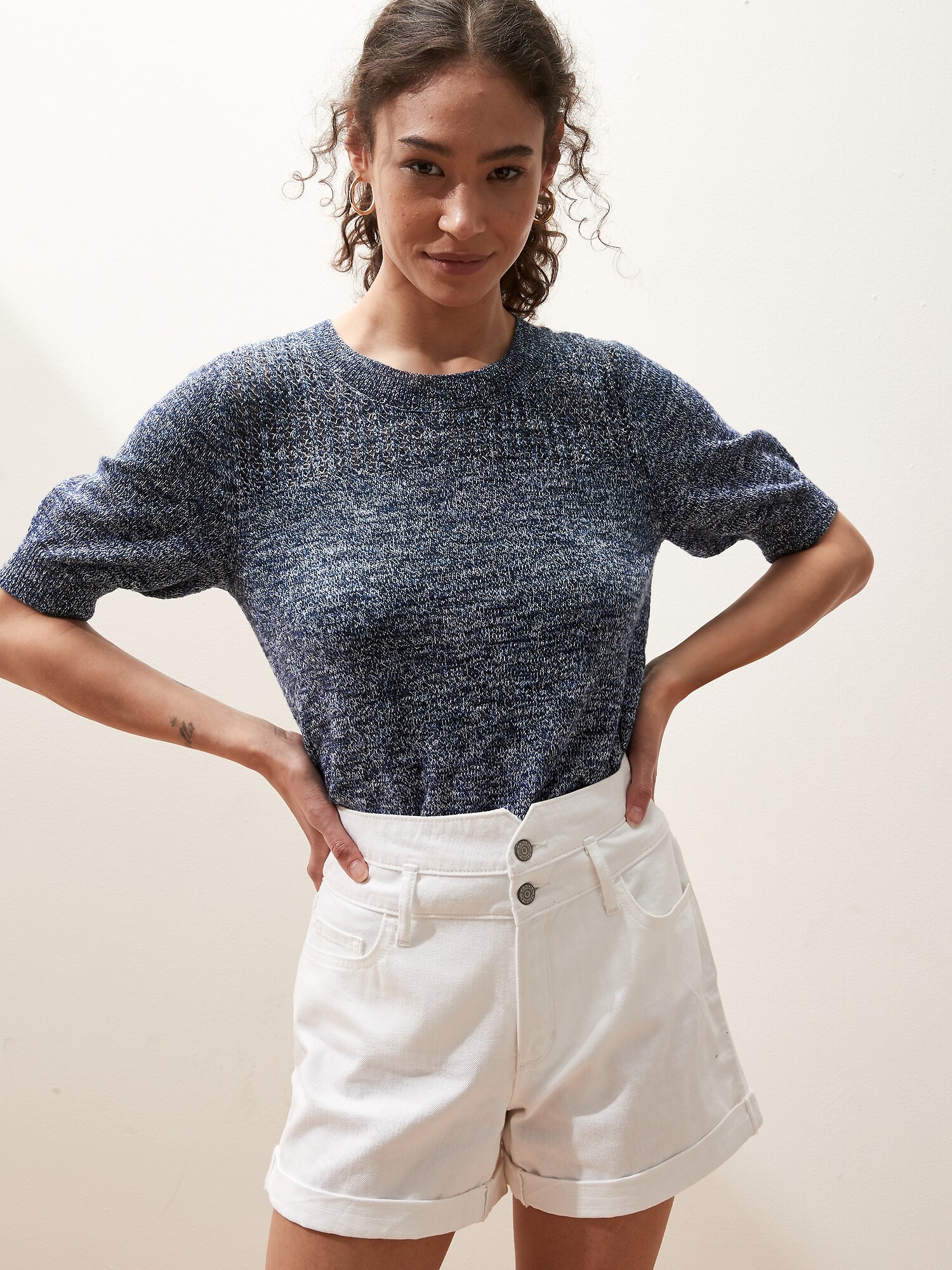 Short-Sleeve Marled Sweater