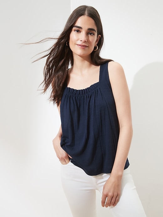 Petite Smocked Yoke Linen Blend Top | Banana Republic Factory