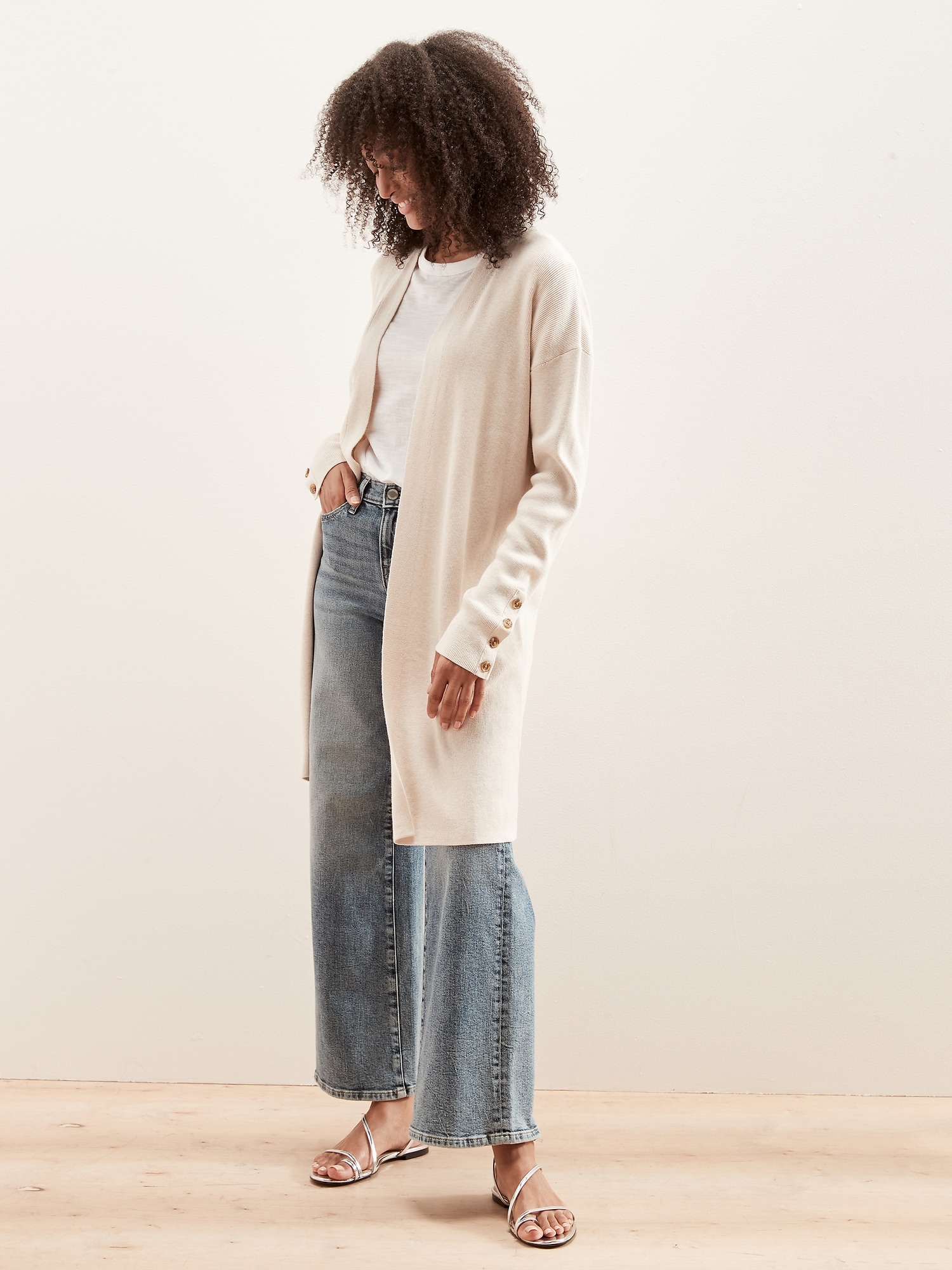 Long Ribbed Open-Front Cardigan