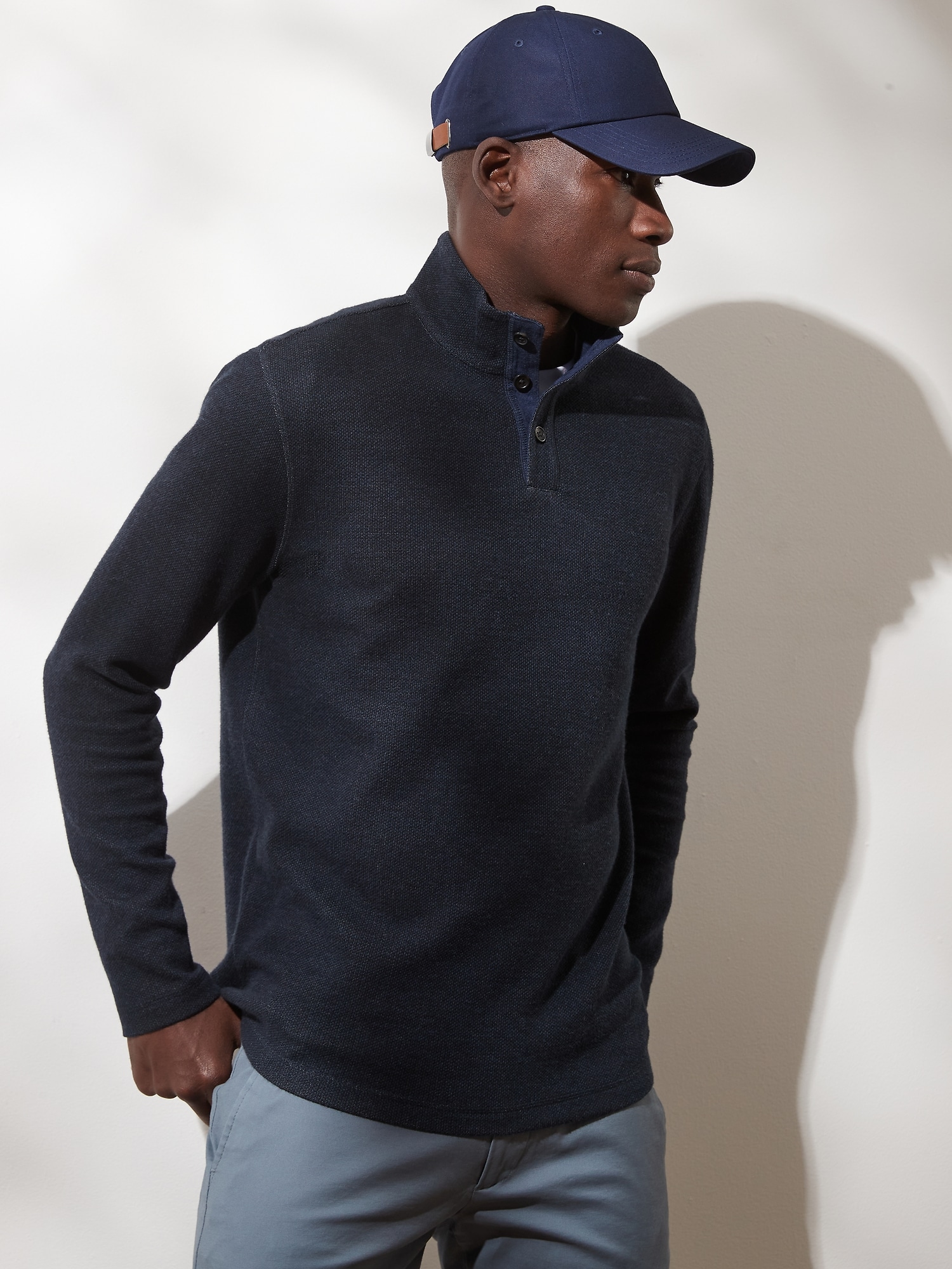 Button Mock-Neck Birdseye Fleece Sweatshirt