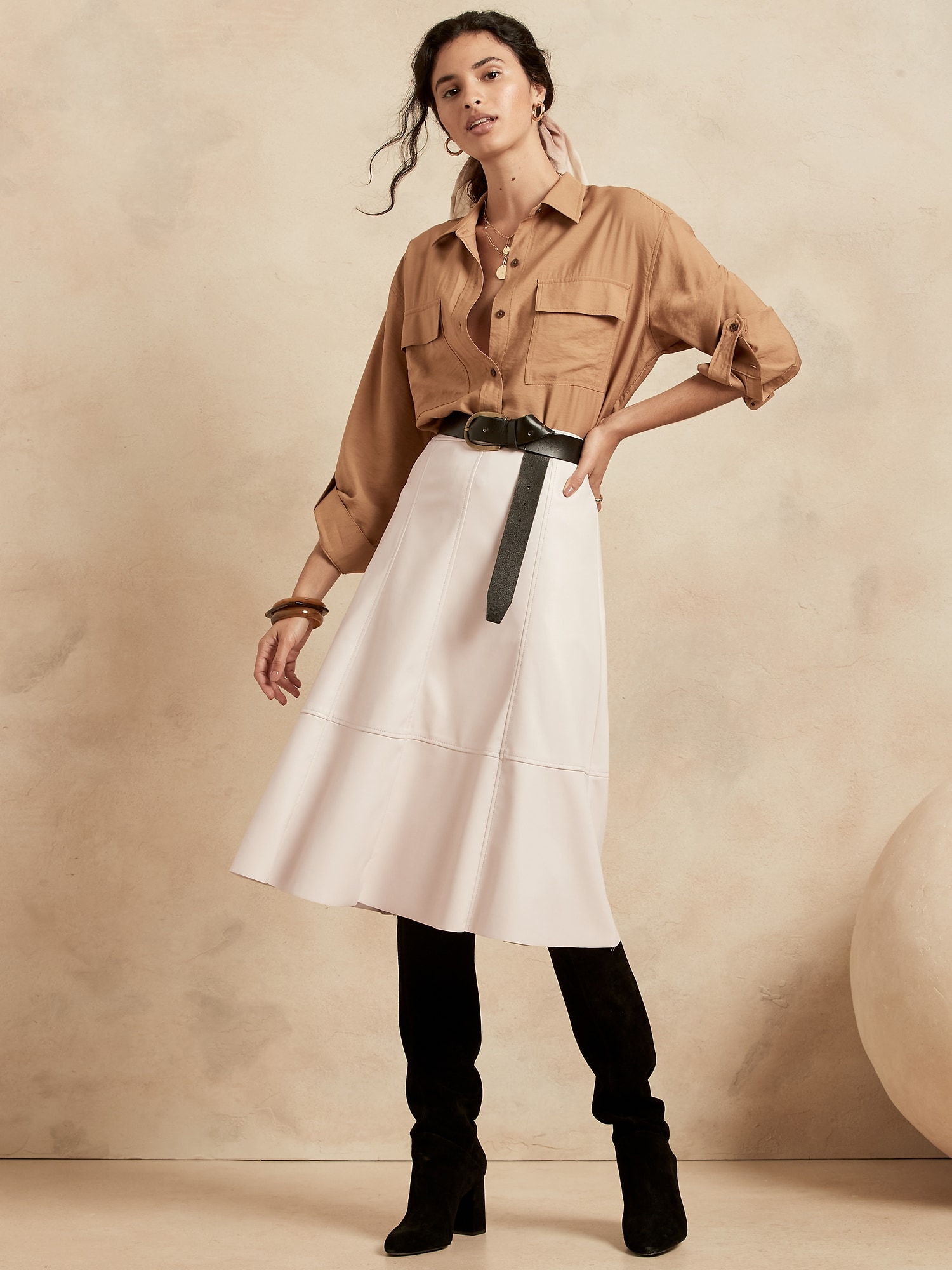 vegan leather midi skirt