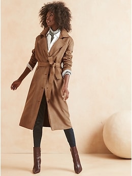 Petite Long Tie-Waist Vegan Suede Trench Coat Banana Republic